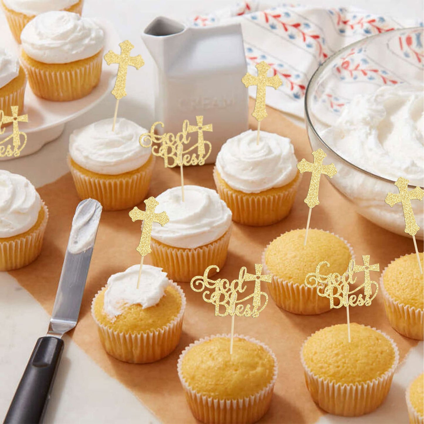 Gyufise Cupcake Toppers, 24Pcs Glitter Cross, Baptism Party Decorations, Gold, Model ZN0096-1-G