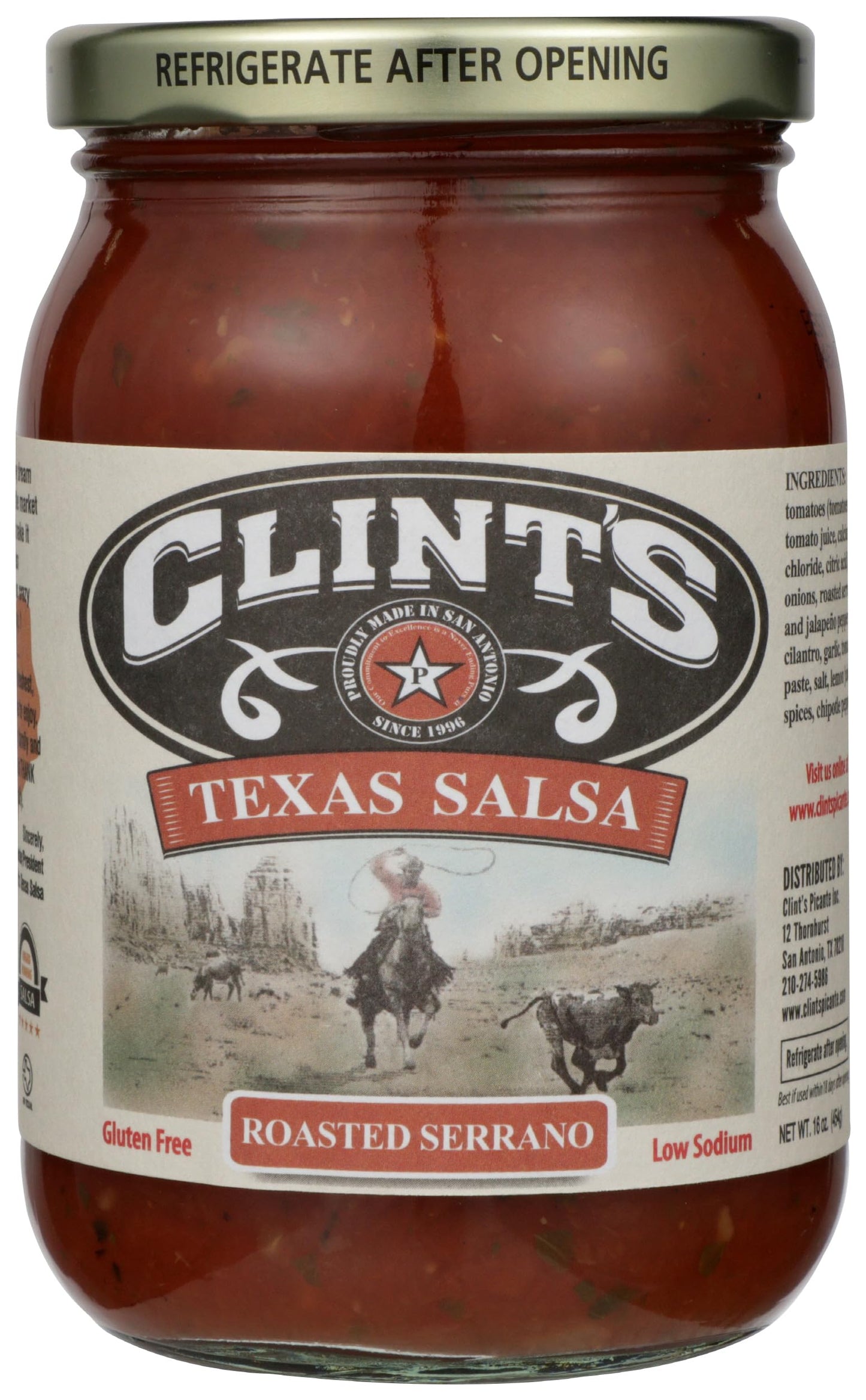 Clints Texas Salsa, Roasted Serrano, Low Sodium, Gluten Free, 16 Ounce (Pack of 6)