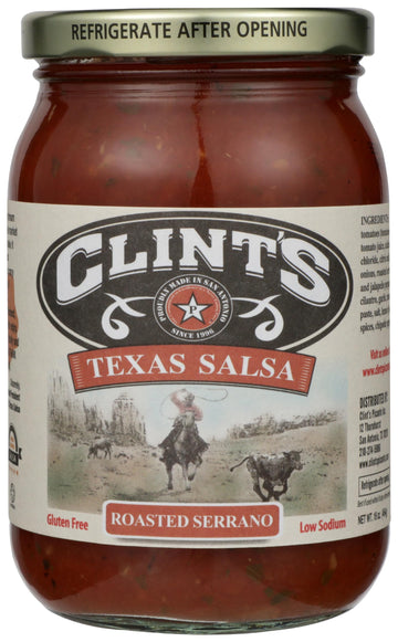 Clints Texas Salsa, Roasted Serrano, Low Sodium, Gluten Free, 16 Ounce (Pack of 6)