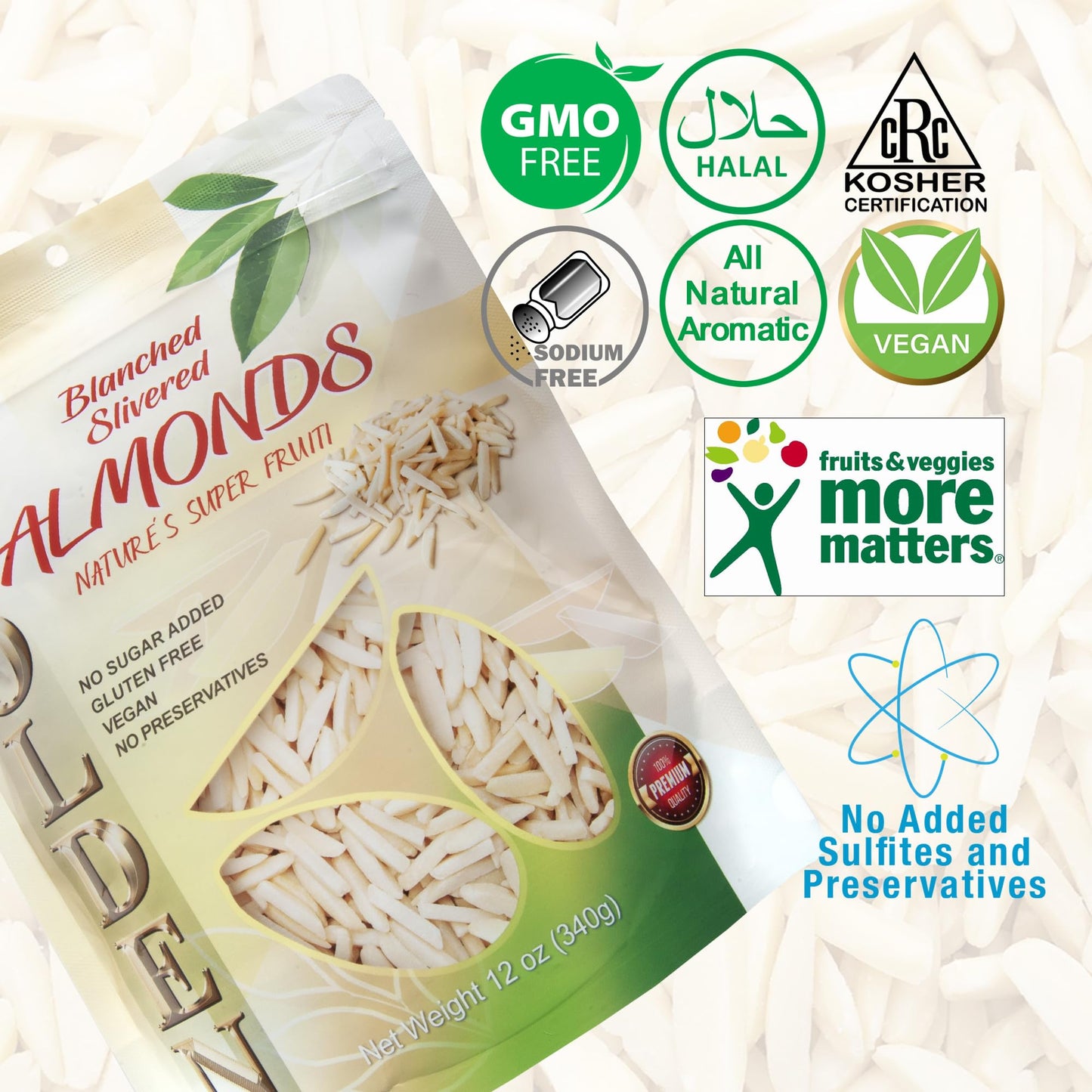 Golden Blanched Silvered Split Almonds - 12 Oz (340 G), Naturally Gluten-Free And Vegan-Friendly With No Added Sugar Or Artifici