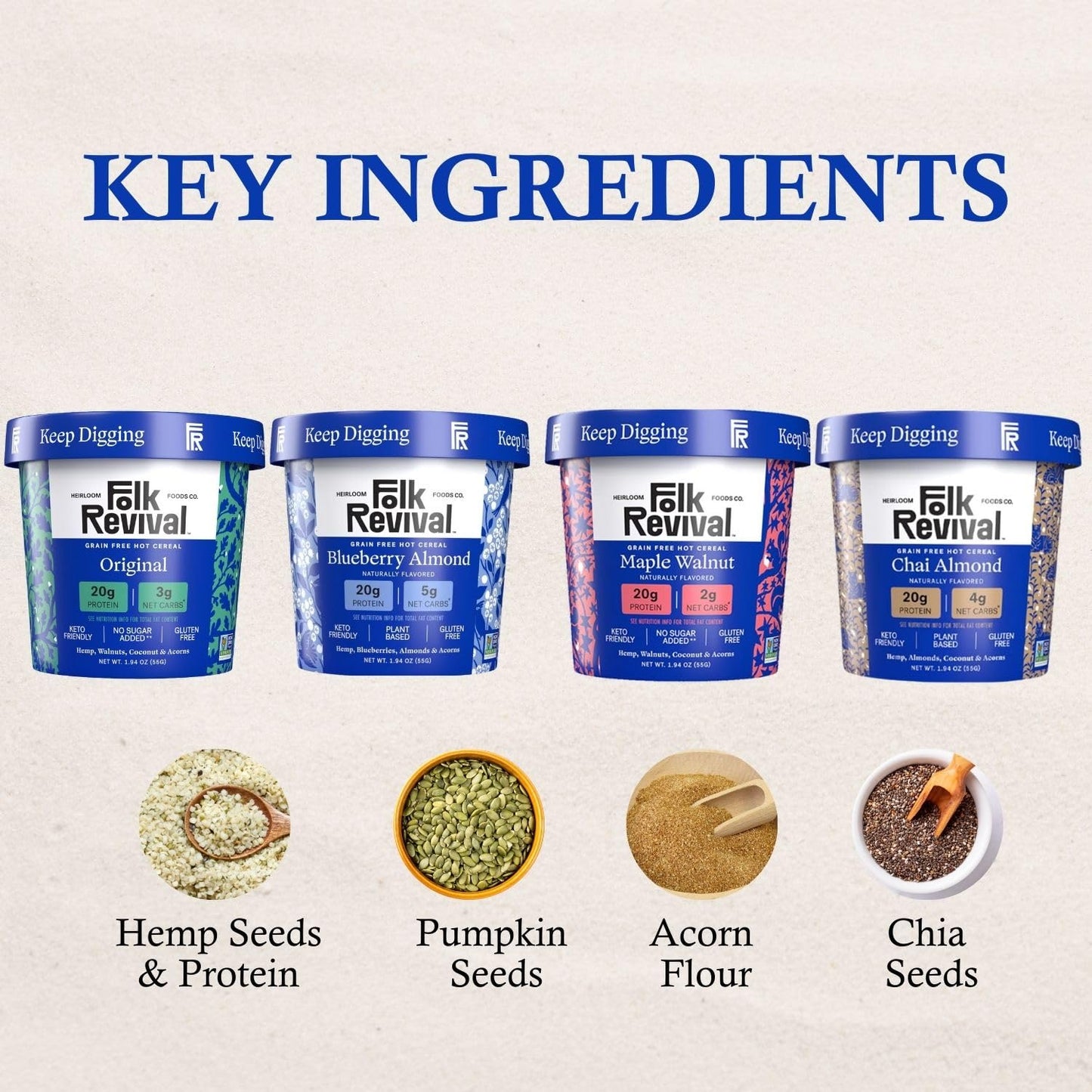 Folk Revival Keto Instant Oatmeal Variety Pack - 20G Of Protein, Low Carb, High Fiber, 3 Blueberry, 3 Maple Walnut, 3 Chai Almon
