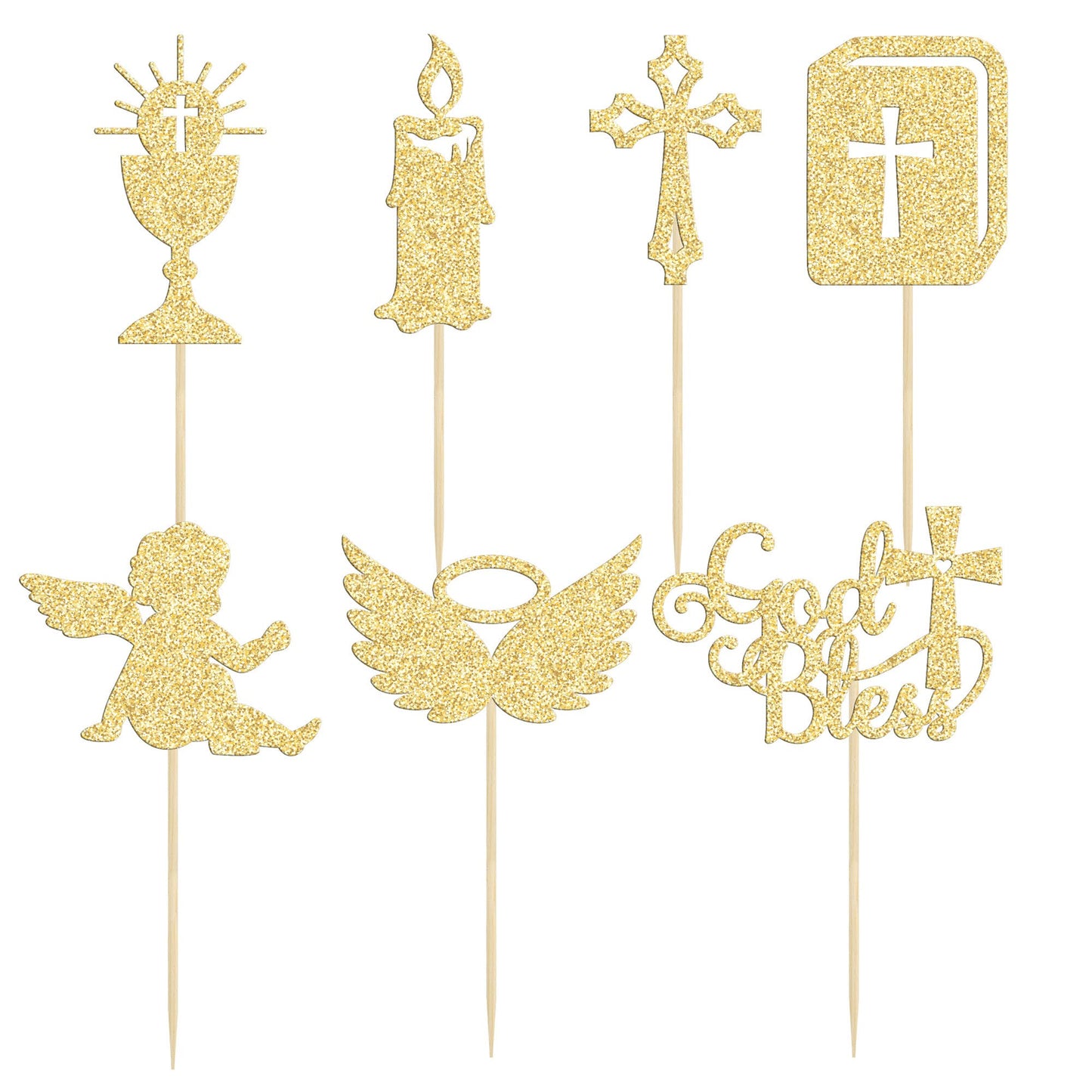 Gyufise Cupcake Toppers, 28Pcs Gold Glitter Christian Baptism Decor, Angel Chalice & Bible Cross Design