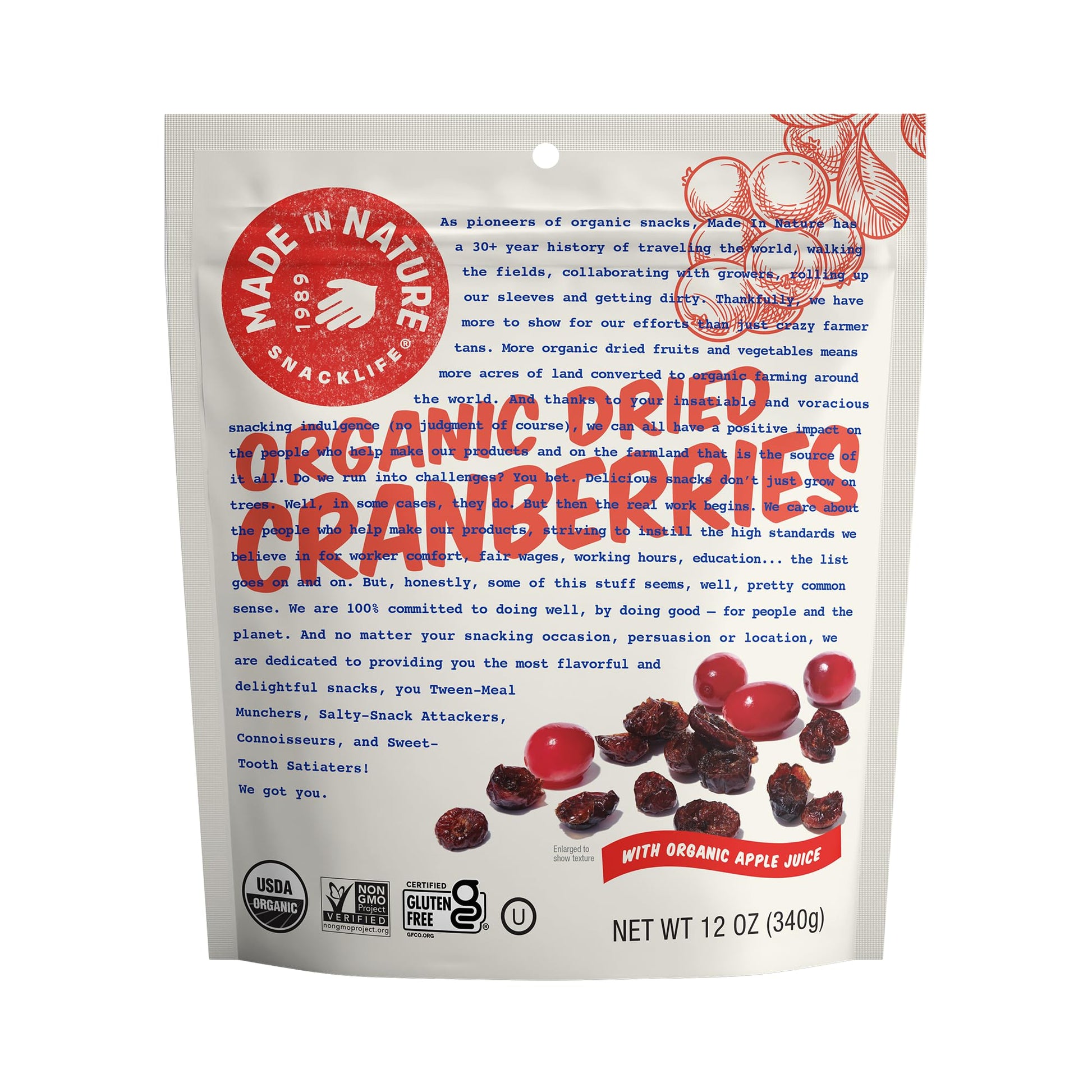 Made In Nature Organic Dried Cranberries, 12 Ounce (Pack Of 1) – Sweetened With Apple Juice, Non-Gmo, Unsulfured, Gluten Free