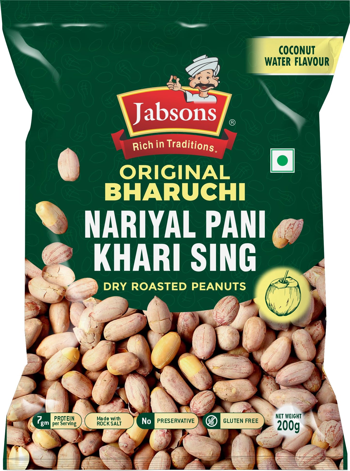 Jabsons Coconut Gluten Free Nariyal Pani Khari Sing Water Roasted Peanut/Moongphali/Shengdane 400G