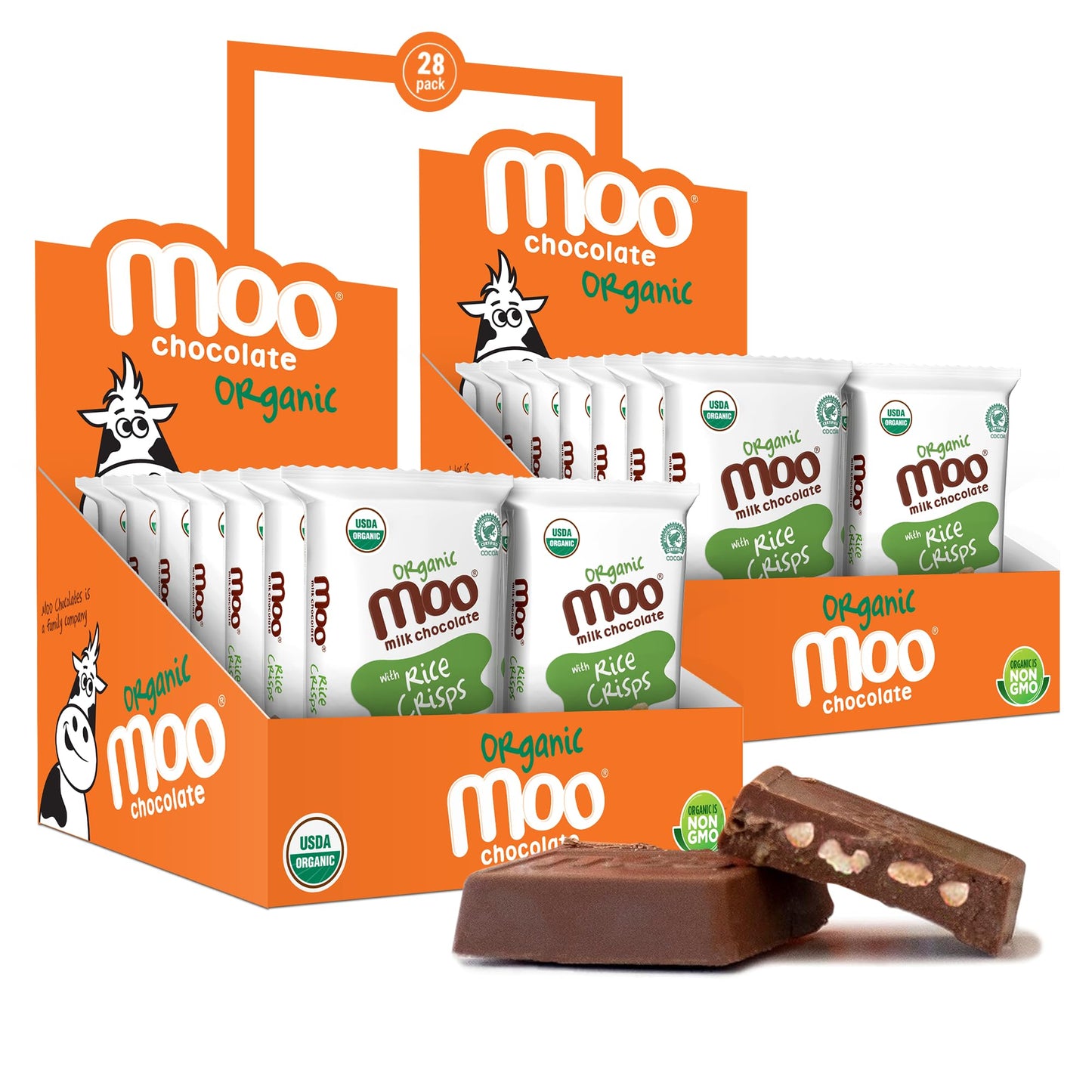 Moo Chocolates Organic Milk Chocolate Mini Bars with Rice Crisps 0.7oz, 28 ct (Pack of 2) | USDA Organic, Non-GMO | 100 Calorie 