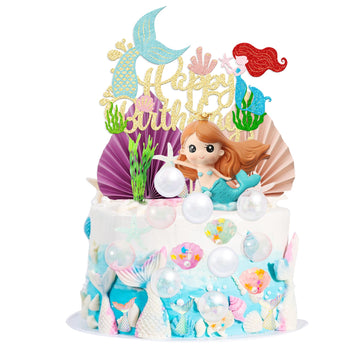 Gyufise 32Pcs 3D Mermaid Under The Sea Cake Toppers Set Mermaid Tail Starfish Seaweed Shell Bubble Palm Leaf Cupcake Picks For U