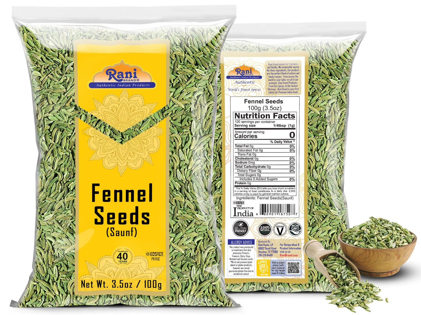 Rani Fennel Seeds (Saunf Sabut) Whole Spice 3.5Oz (100G) ~ All Natural | Gluten Friendly | Non-Gmo | Kosher | Vegan | Indian Origin