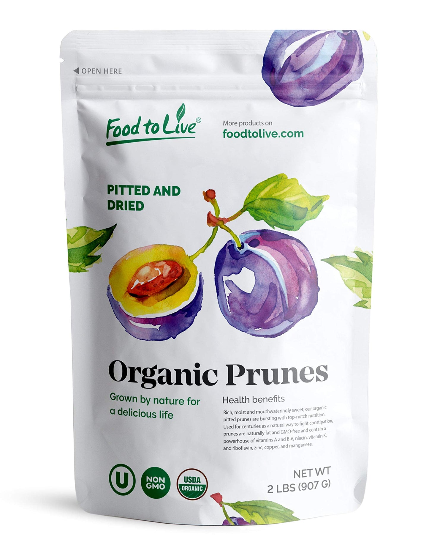 Food to Live Organic Pitted Prunes, 2 Pounds Dried California Plums, Non-GMO, Kosher, Unsulfured, Unsweetened, Bulk