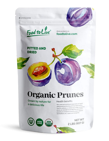 Food to Live Organic Pitted Prunes, 2 Pounds Dried California Plums, Non-GMO, Kosher, Unsulfured, Unsweetened, Bulk