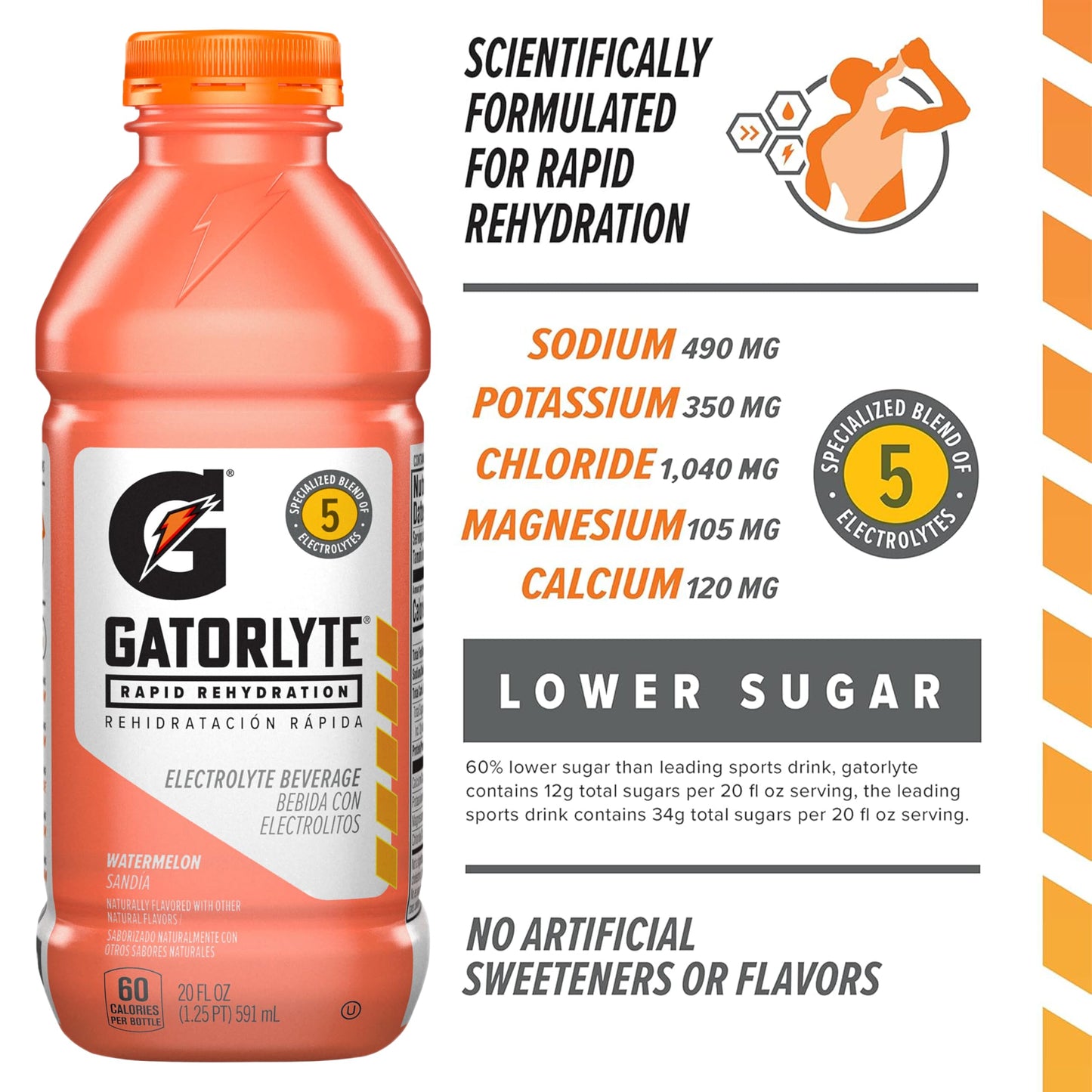 Gatorlyte Rapid Rehydration Electrolyte Drink, Watermelon, Specialized Blend of 5 Electrolytes, Lower Sugar, No Artificial Sweet