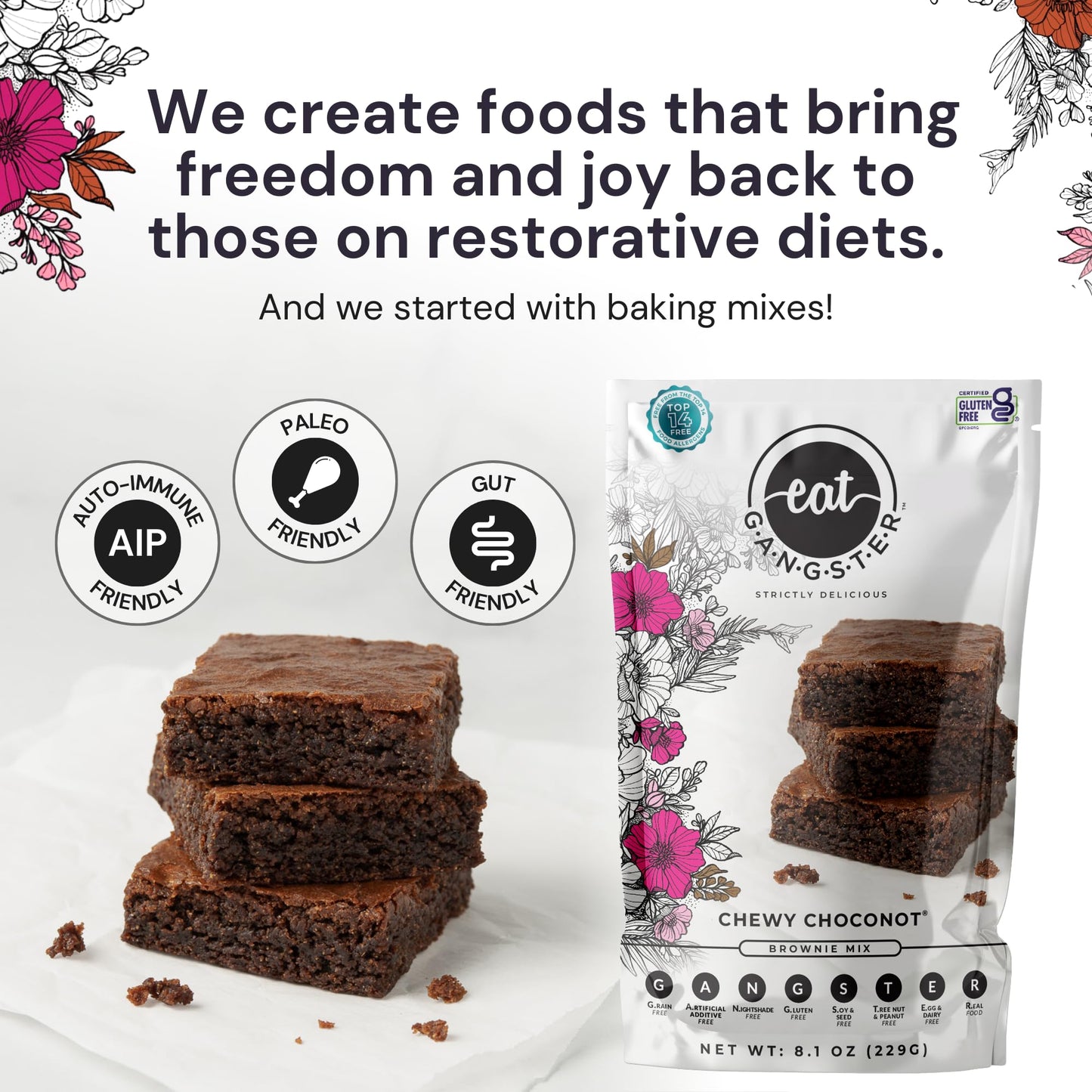 eat G.A.N.G.S.T.E.R. Chewy Choconot Brownie Mix - Allergy-Friendly, Grain-Free, 8.1 Ounce, No Dairy, Nuts, Gluten