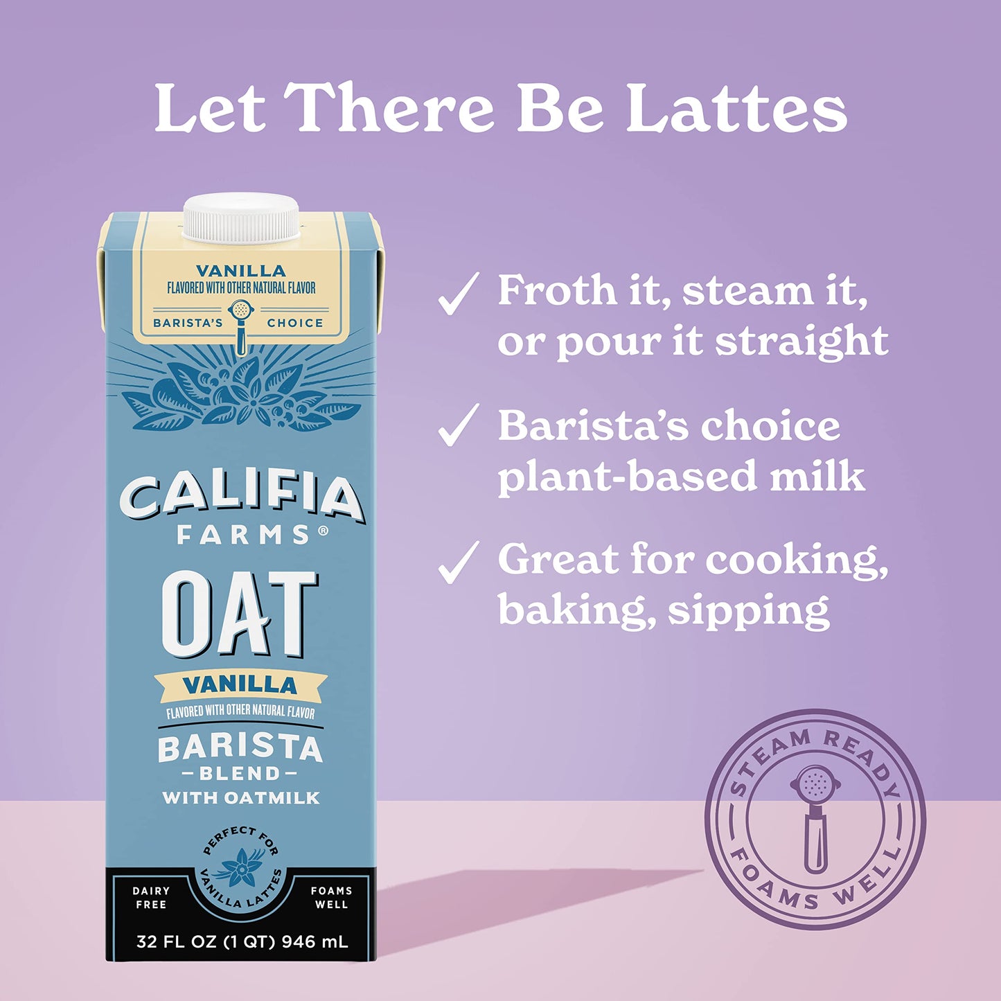 Califia Farms - Vanilla Oat Barista Blend Oat Milk, 32 Oz (Pack of 6), Shelf Stable, Dairy Free, Plant Based, Vegan, Gluten Free