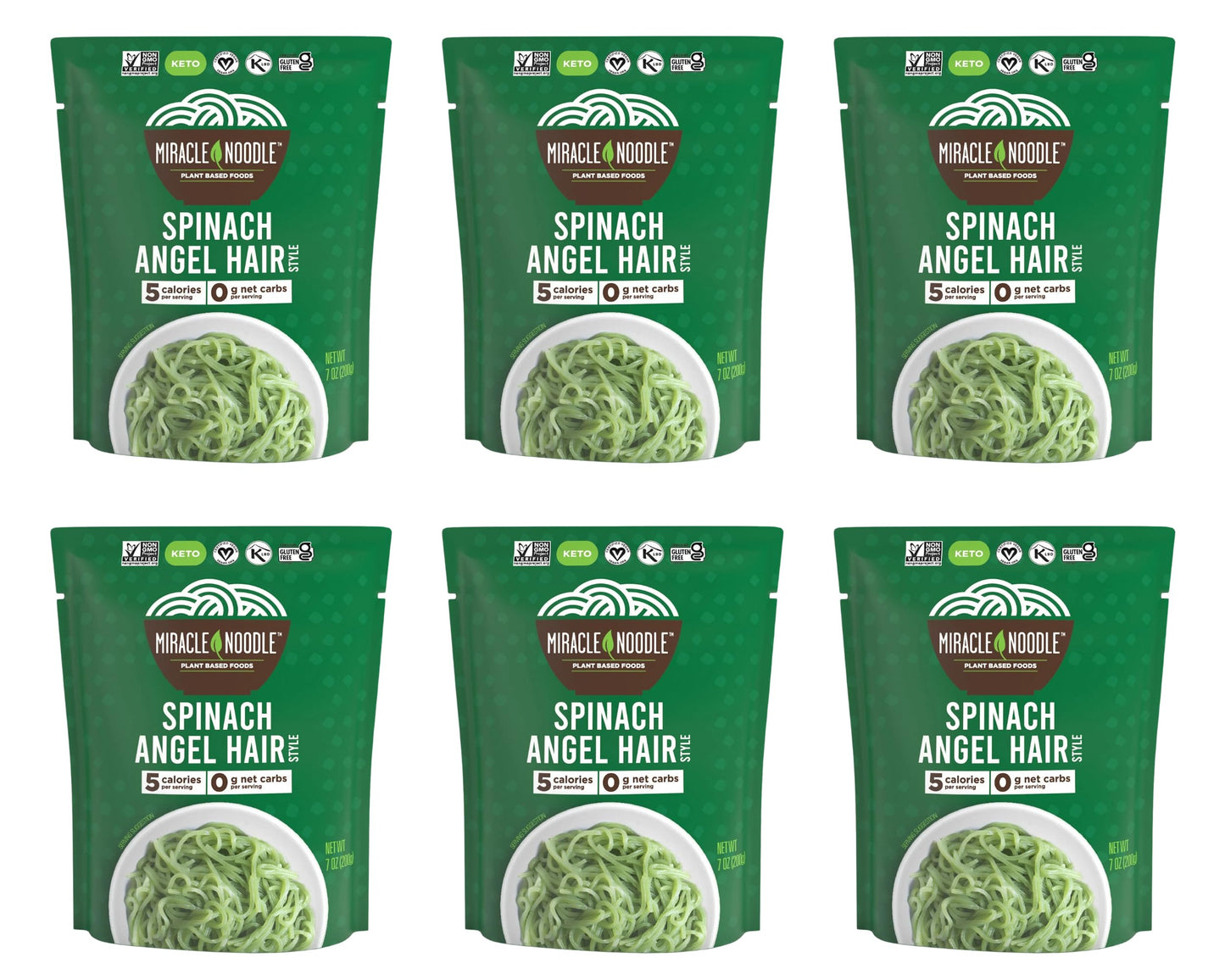 Miracle Noodle Spinach Angel Hair Pasta - Ready-To-Eat Plant Based Shirataki Noodles, Keto, Vegan, Gluten-Free, Paleo, Konjac Noodles, Low Calorie & Carb Pasta, Soy Free, Non-Gmo - 7 Oz, 6-Pack