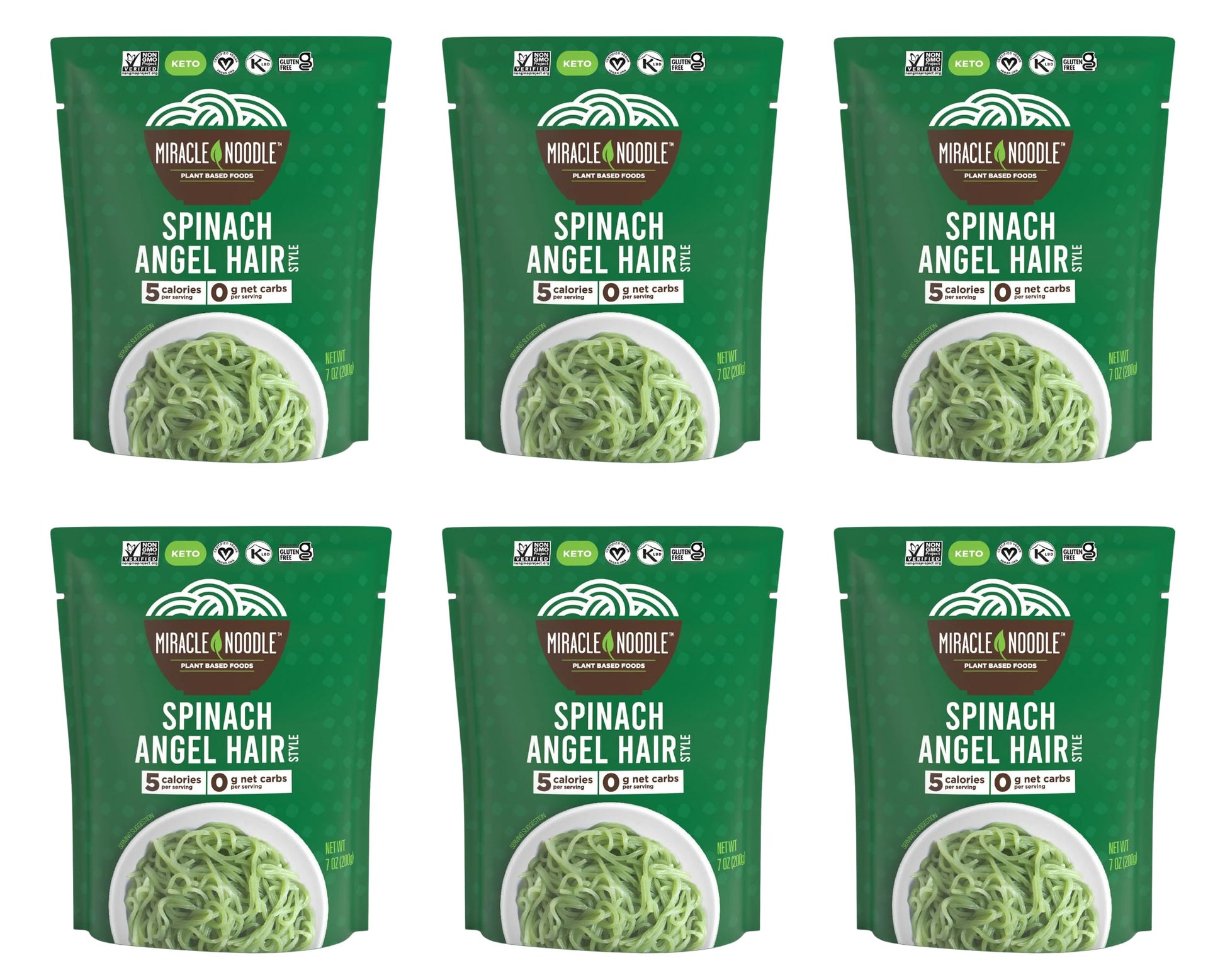 Miracle Noodle Spinach Angel Hair Pasta - Ready-To-Eat Plant Based Shirataki Noodles, Keto, Vegan, Gluten-Free, Paleo, Konjac Noodles, Low Calorie & Carb Pasta, Soy Free, Non-Gmo - 7 Oz, 6-Pack