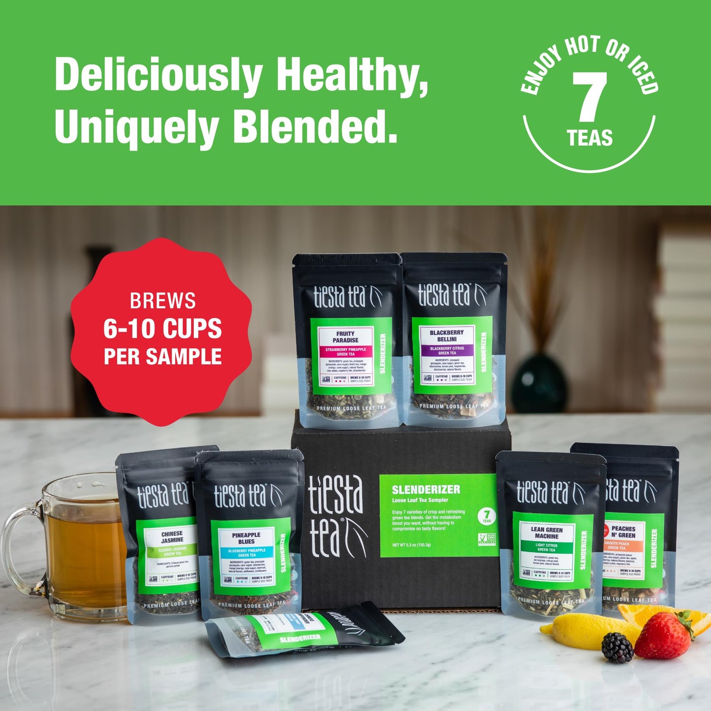 Tiesta Tea Green Tea Sampler - 7 Loose Leaf Pouches, Medium Caffeine, 10 Cups Each, Model 800020