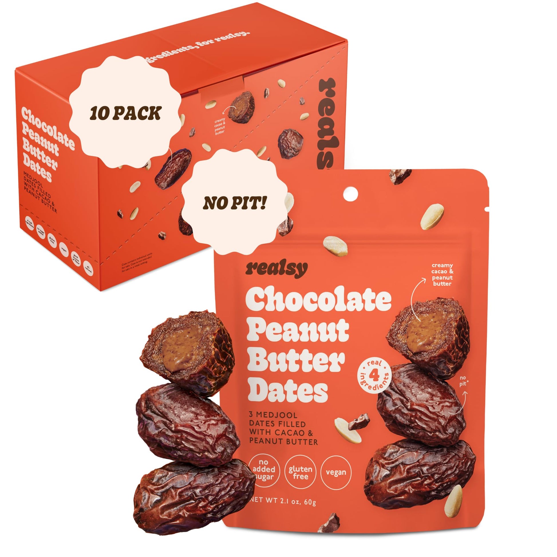 Realsy Organic Peanut Butter Chocolate Filled Medjool Dates, Gluten-Free, Vegan, 10-Pack