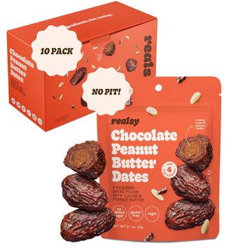 Realsy Organic Peanut Butter Chocolate Filled Medjool Dates, Gluten-Free, Vegan, 10-Pack