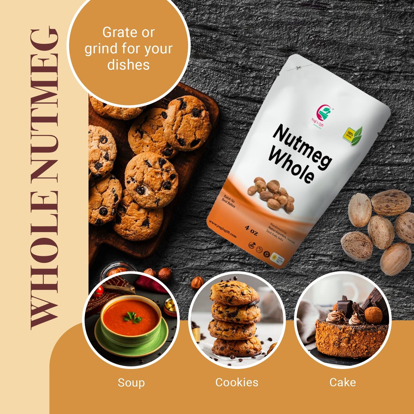 Nutmeg Whole 4Oz | Excellent Aroma And Incredible Flavor | Nuez Moscada Entera | Non- Gmo, Ethically Sourced | By Yogis Gift®
