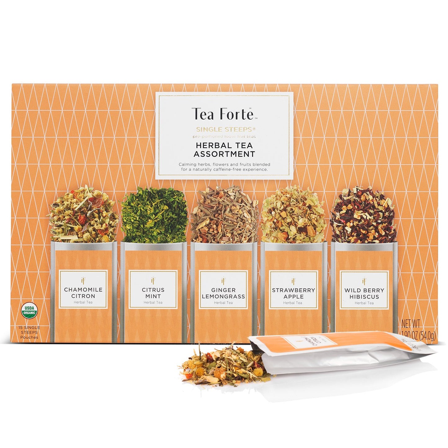 Tea Forte Single Steeps Loose Leaf Herbal Tea Sampler  Assorted Variety Tea Box  Single Serve Pouches  15 Count (Pack of 1)