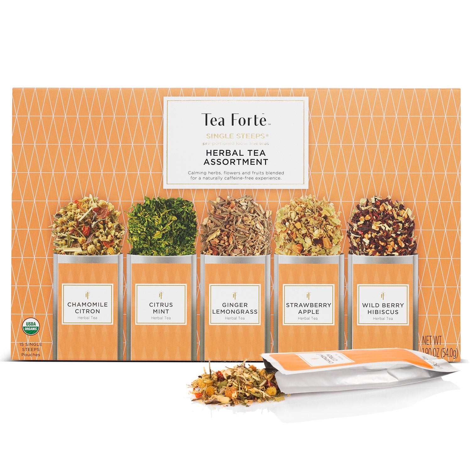 Tea Forte Single Steeps Loose Leaf Herbal Tea Sampler  Assorted Variety Tea Box  Single Serve Pouches  15 Count (Pack of 1)