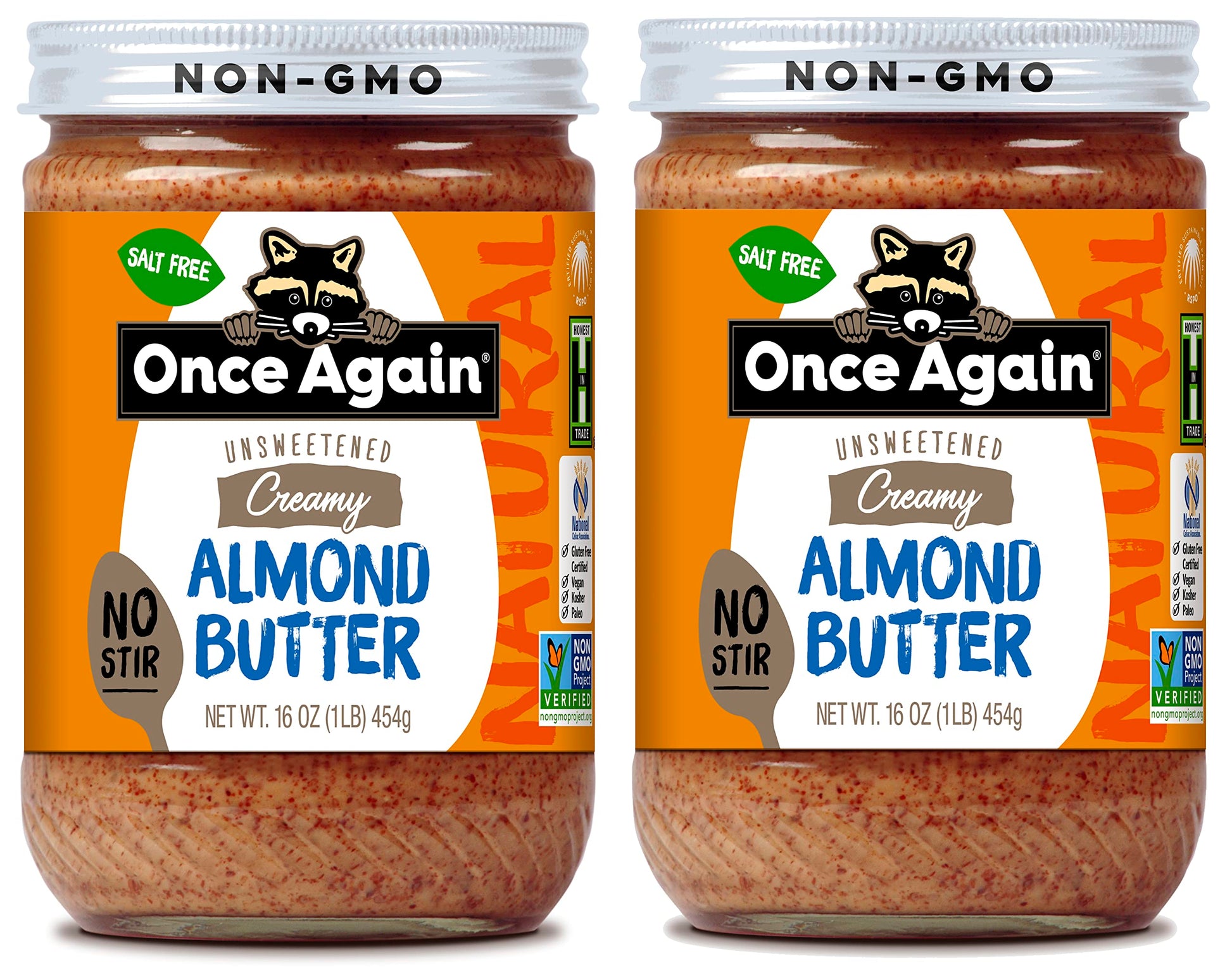 Once Again 2PK Natural Creamy Almond Butter, 16oz - No Stir - Salt Free, Unsweetened - Gluten Free Certified, Peanut Free, Vegan