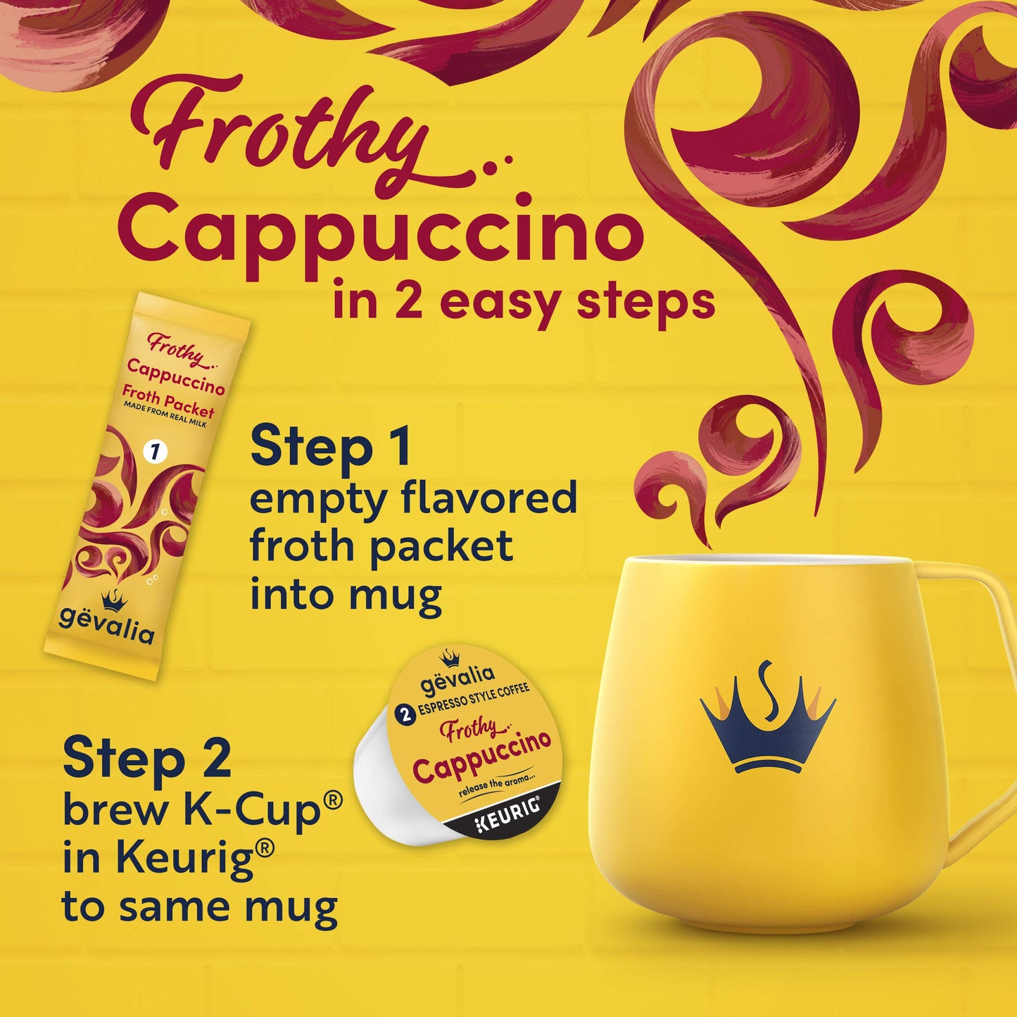 Gevalia Frothy 2-Step Cappuccino Espresso K Cup Coffee Pods & Froth Packets Kit (36 Ct Pack, 6 Boxes Of 6 Pods With Packets)