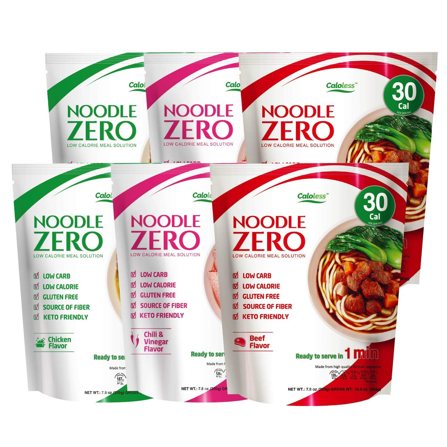 Caloless Konjac Shirataki Noodles Variety Pack - Low Calorie, Gluten Free, Keto, 6-Pack, 7.8 Ounce