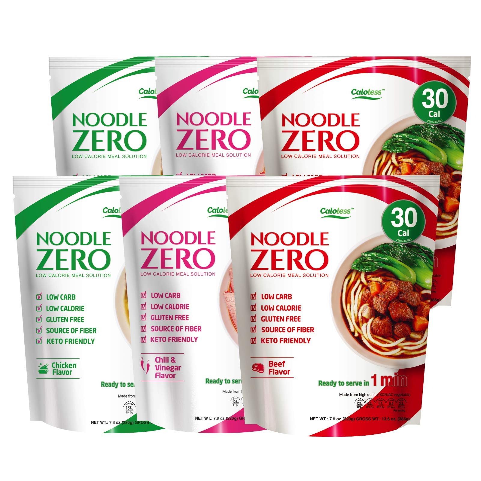 Caloless Konjac Shirataki Noodles Variety Pack - Low Calorie, Gluten Free, Keto, 6-Pack, 7.8 Ounce