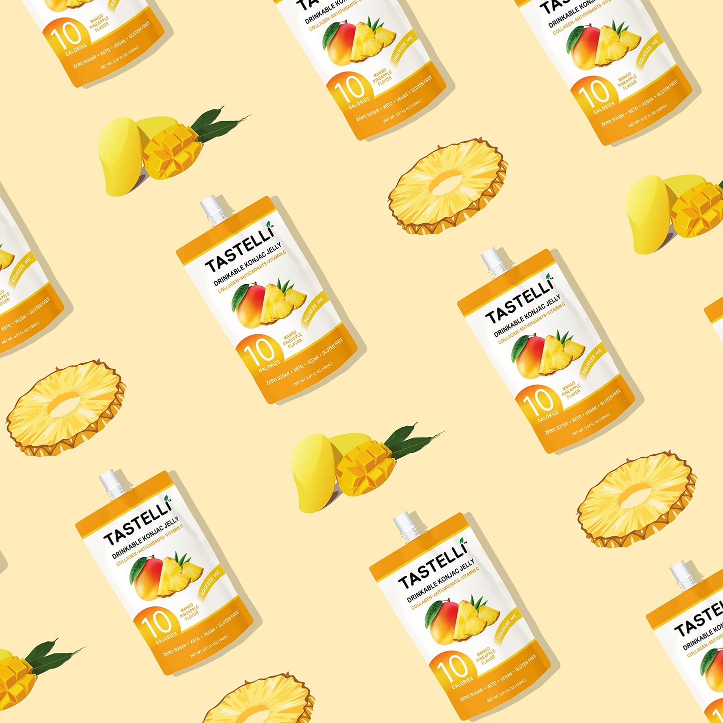 Tastelli Konjac Jelly Drink with Collagen & Vitamin C, 10 Cal, Vegan, Mango Pineapple, 150mL, Pack of 10 Pouches