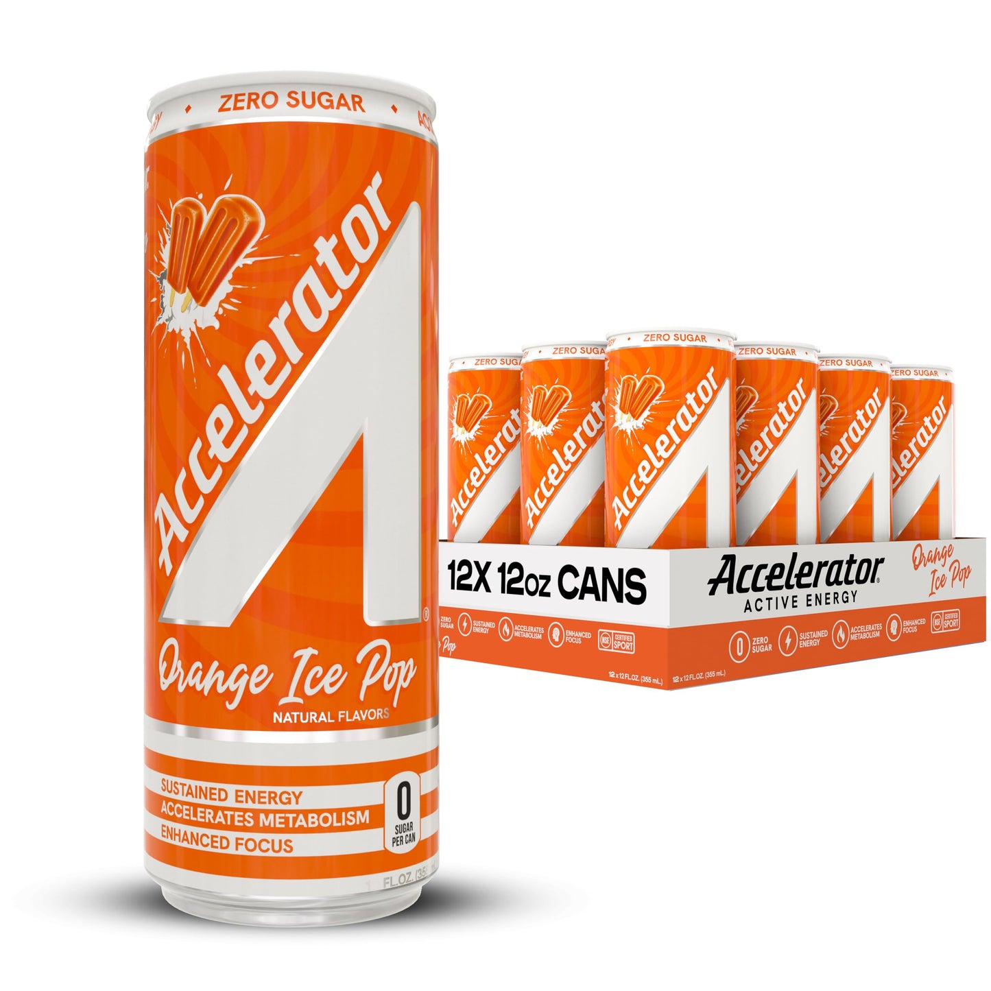 ACCELERATOR Energy Drink, Sugar Free, Orange Ice Pop, 12oz Can (12 Pack), Zero Sugar, 200mg Caffeine