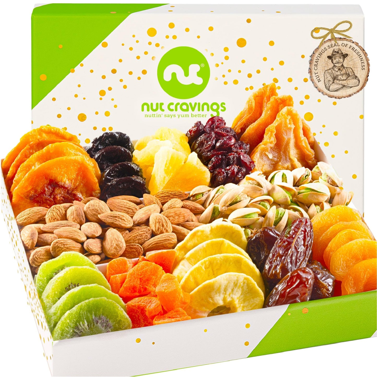 NUT CRAVINGS Gourmet Collection - Rosh Hashana & Shana Tova Dried Fruit & Mixed Nuts Gift Basket in White Gold Box (12 Assortmen