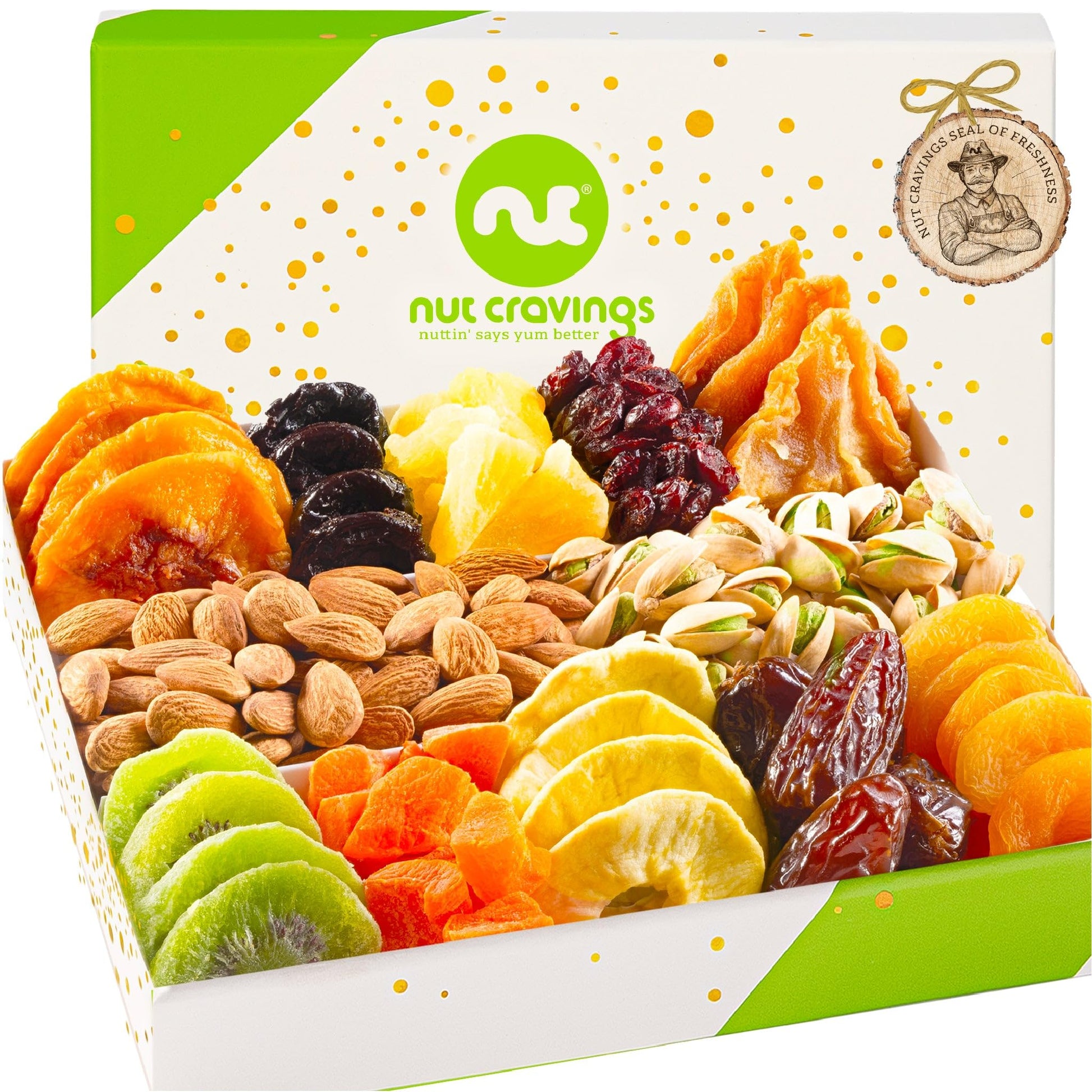 NUT CRAVINGS Gourmet Collection - Rosh Hashana & Shana Tova Dried Fruit & Mixed Nuts Gift Basket in White Gold Box (12 Assortmen
