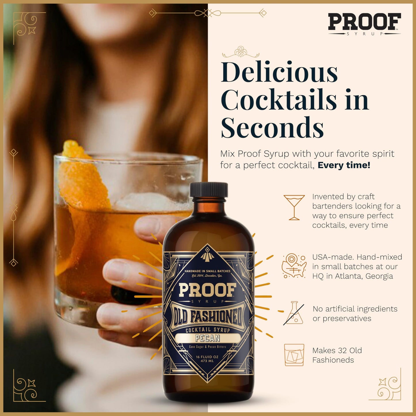 PROOF SYRUP Old Fashioned Cocktail Mix - Pecan Flavor - Handcrafted Syrup - 16oz Bottle