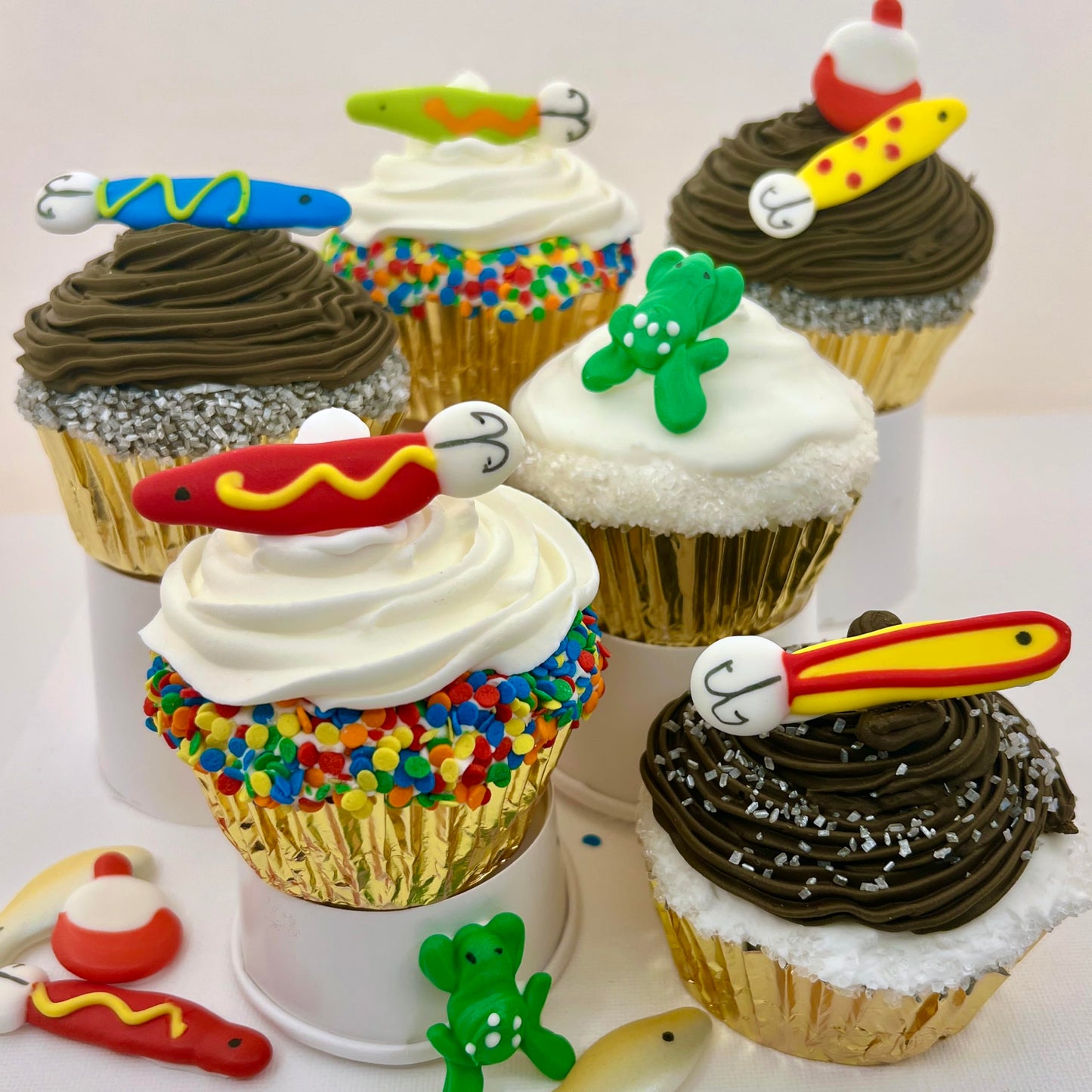Fishing Lures Accessory Pack- 12 pcs Edible Royal Icing Cake Cupcake Topper (Choose Style Below)