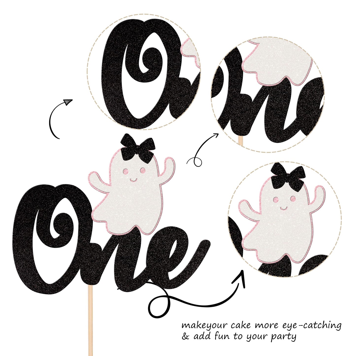 ZHUOWEISM Halloween Ghost Cake Topper - Black & Pink Glitter - Baby 1st Birthday Decoration Supplies