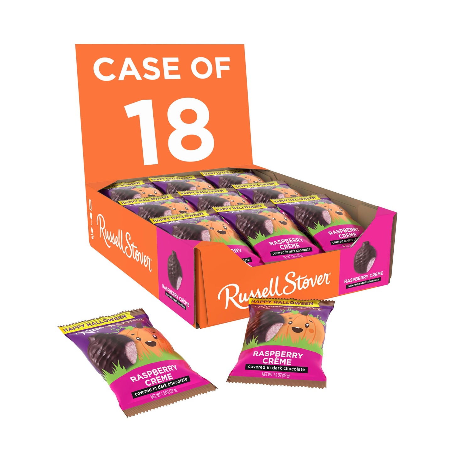 RUSSELL STOVER Halloween Dark Chocolate Raspberry Crme Pumpkin, 1.3 oz. (Pack of 18) - Bulk Halloween Candy
