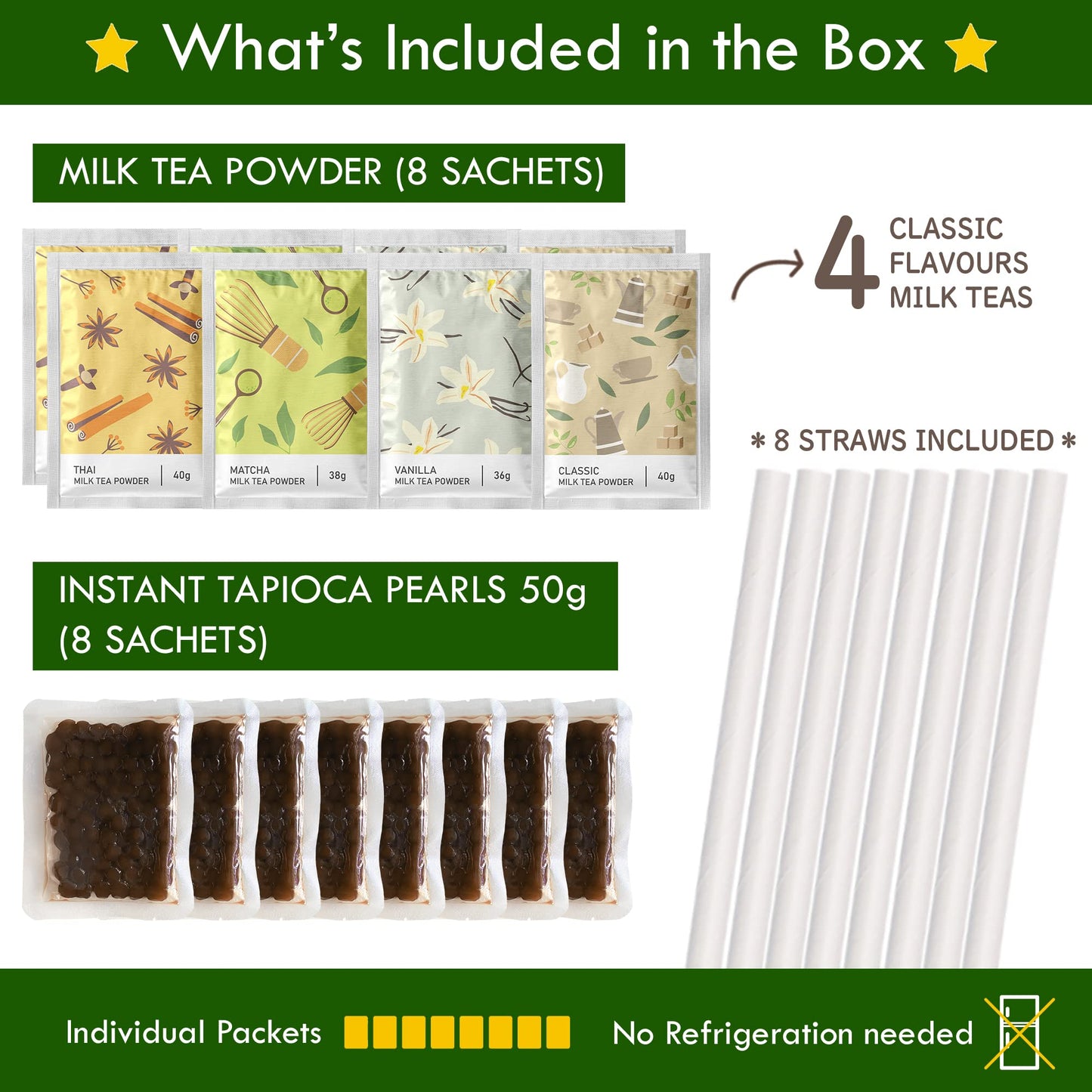 Bubble Boba Tea Kit with Instant Tapioca Pearls and Milk Tea Powders | Makes 8 Drinks | Assorted Classic Flavours include Classi