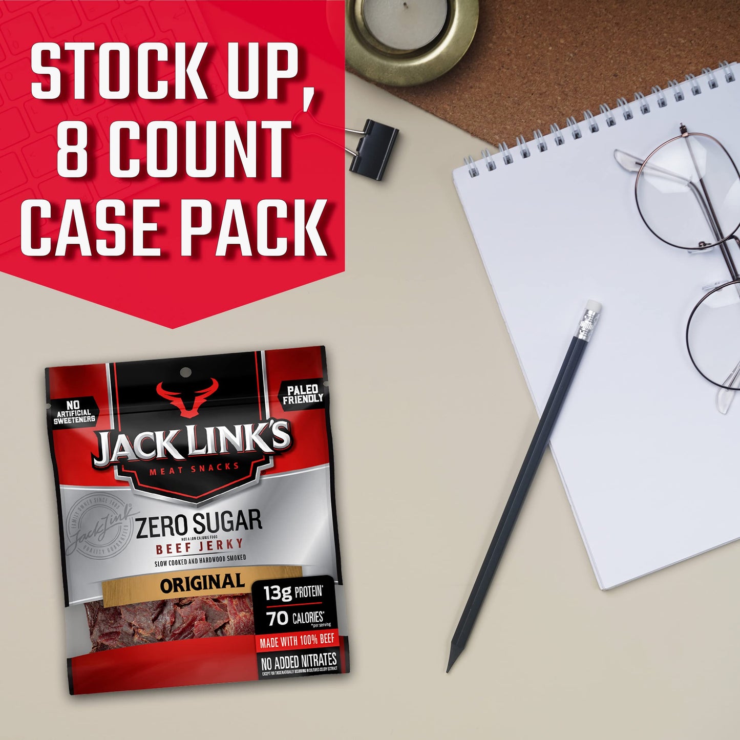 Jack Link'S Beef Jerky, Original, Zero Sugar - Flavorful Meat Snacks, Ready To Eat Protein Snacks With 13G Of Protein Per Servin