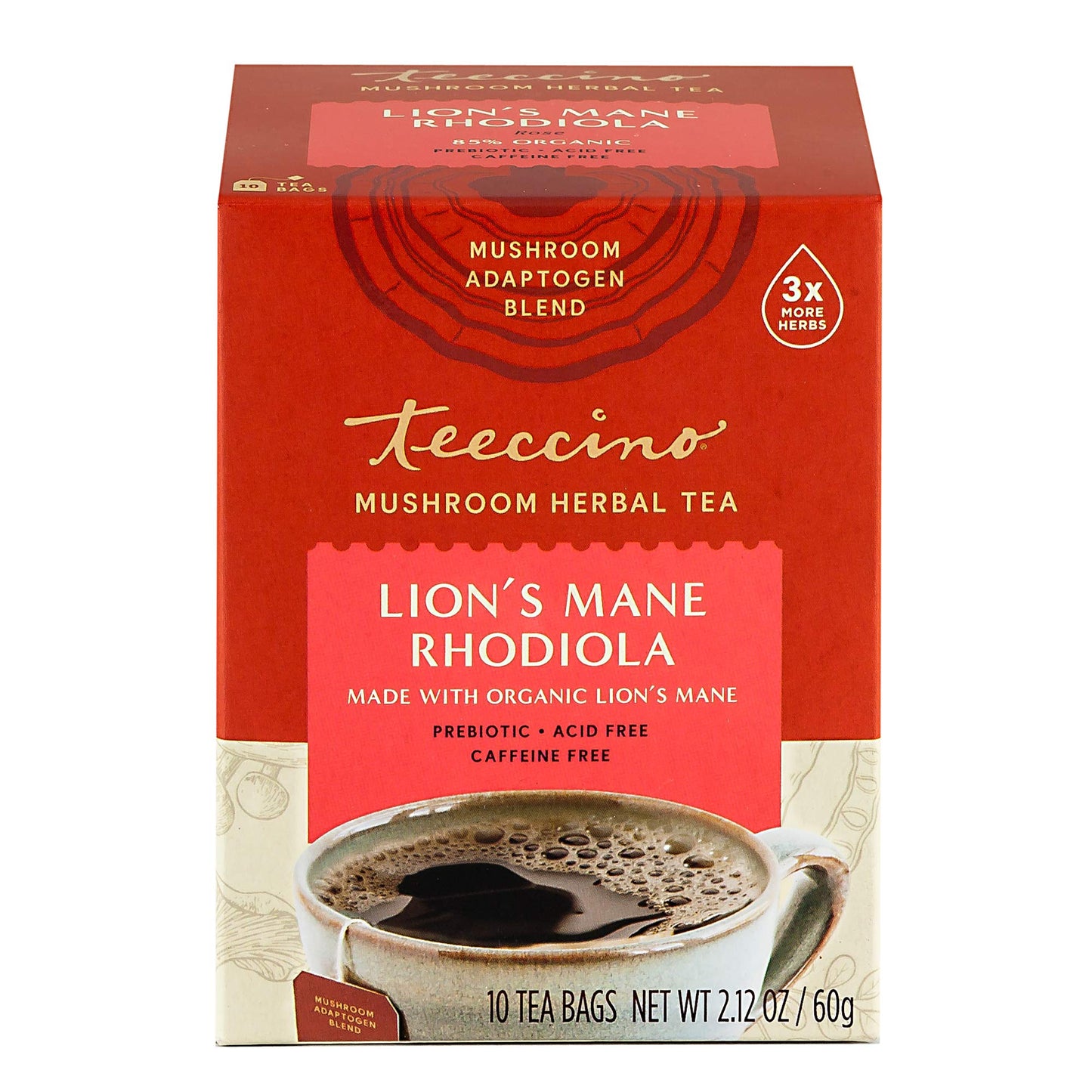 Teeccino Herbal Tea - Caffeine-Free Mushroom Adaptogenic - Lion’s Mane & Rhodiola - 10 Tea Bags - Lightly Sweetened with Dates & Figs