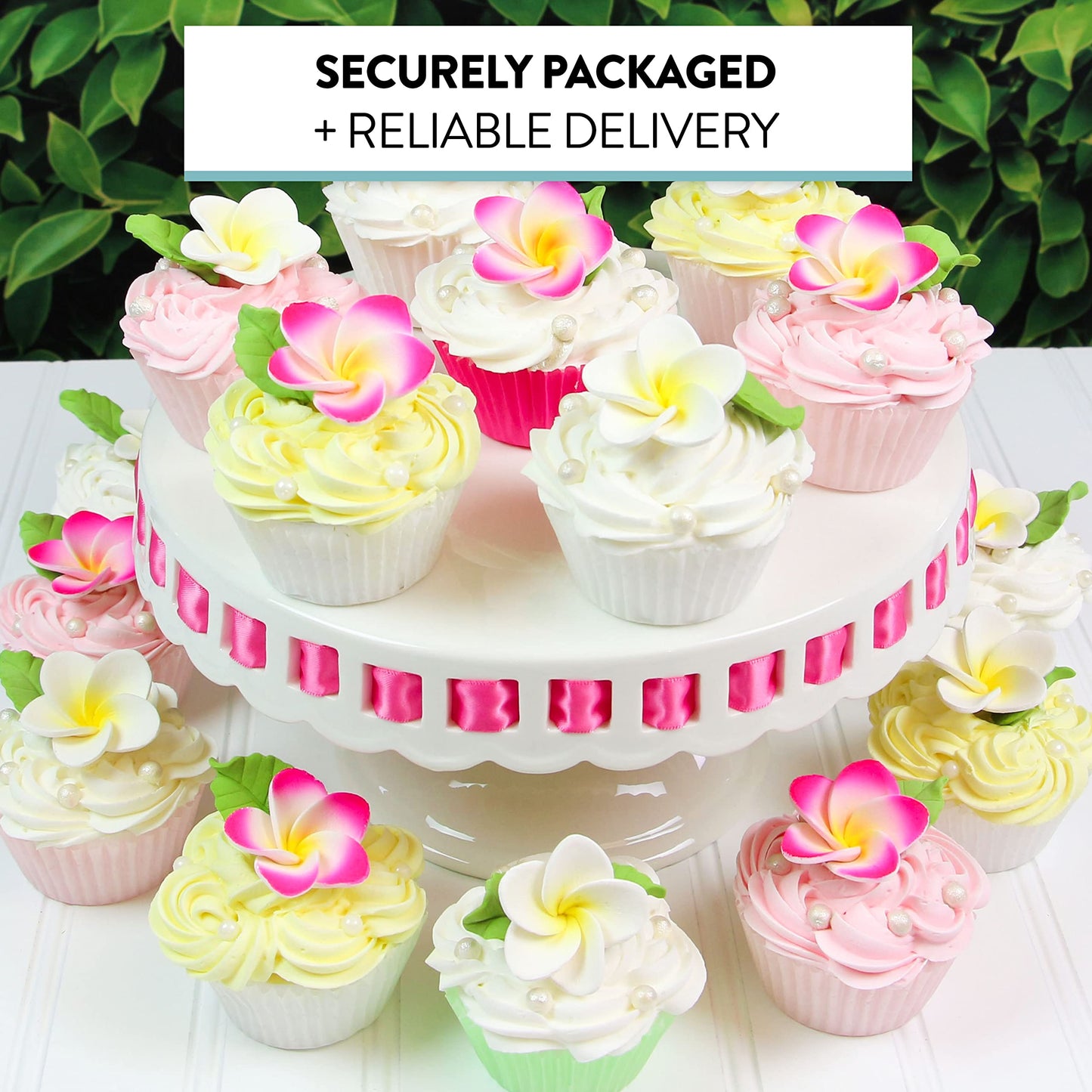 Global Sugar Art Tropical Frangipani Plumeria Edible Sugar Flower Blossoms, Wedding Cake & Cupcake Flowers with Leaves, 24 Count