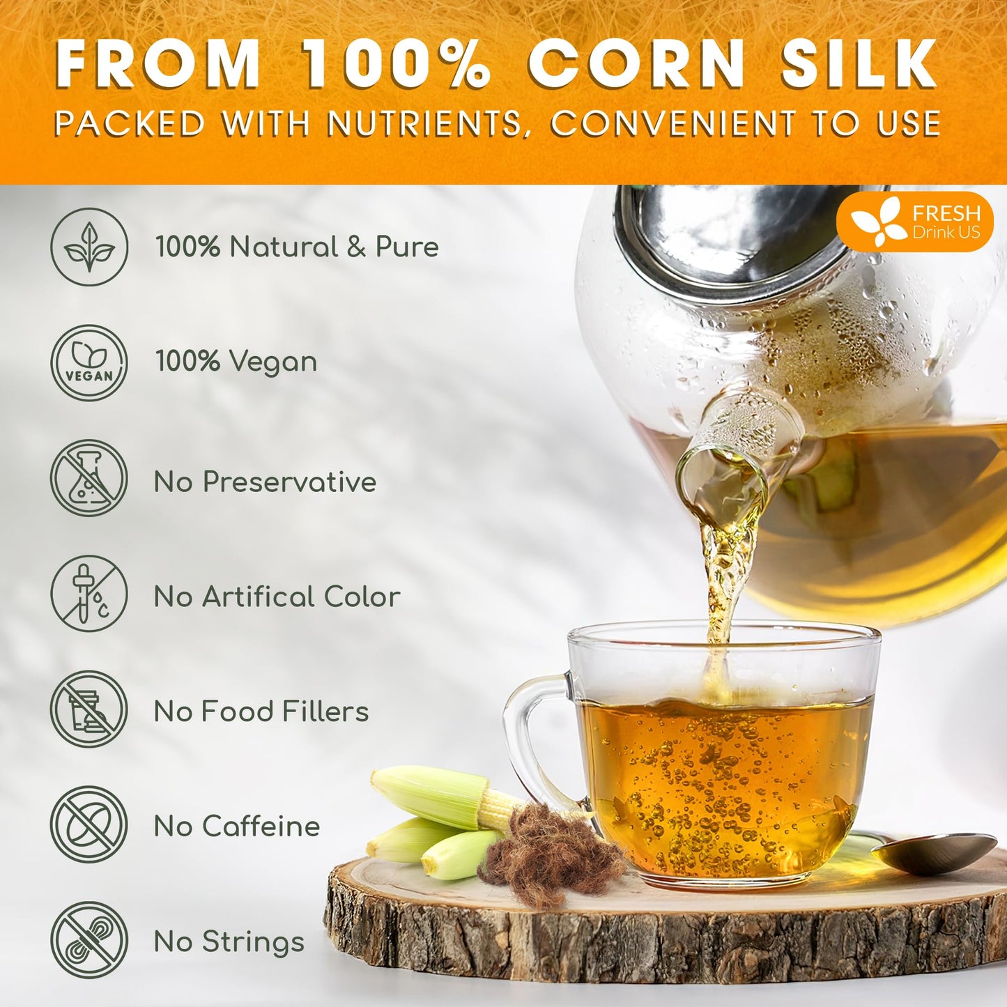 FRESHDRINKUS Corn Silk Herbal Tea, 100% Natural, Vegan, 135 Tea Bags