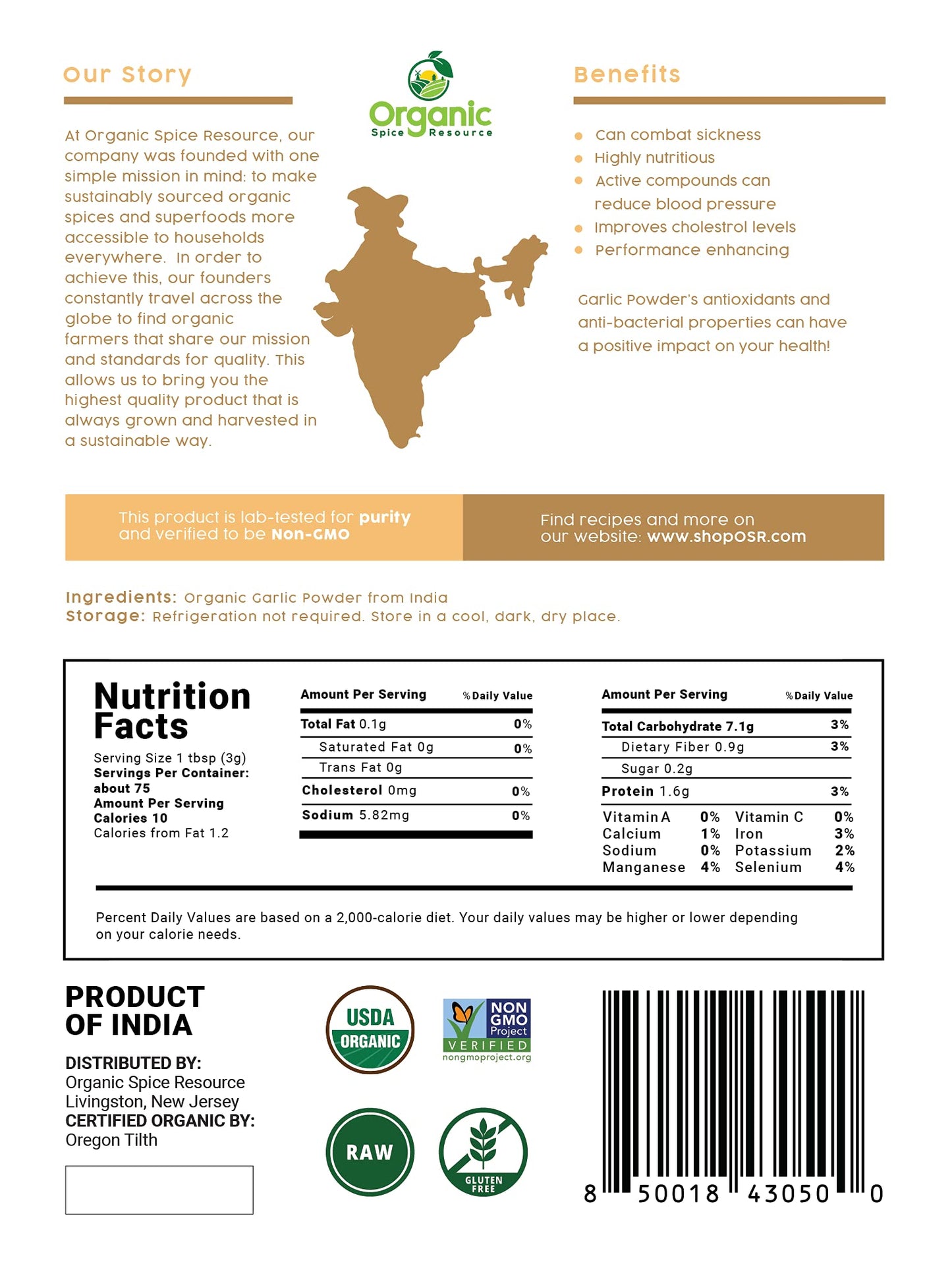 Organic Garlic Powder | 8 oz (226g) | USDA Organics and Non-GMO Verified Project Approved | Product of India | 100% Raw and Natural | Resealable Kraft Bag by SHOPOSR