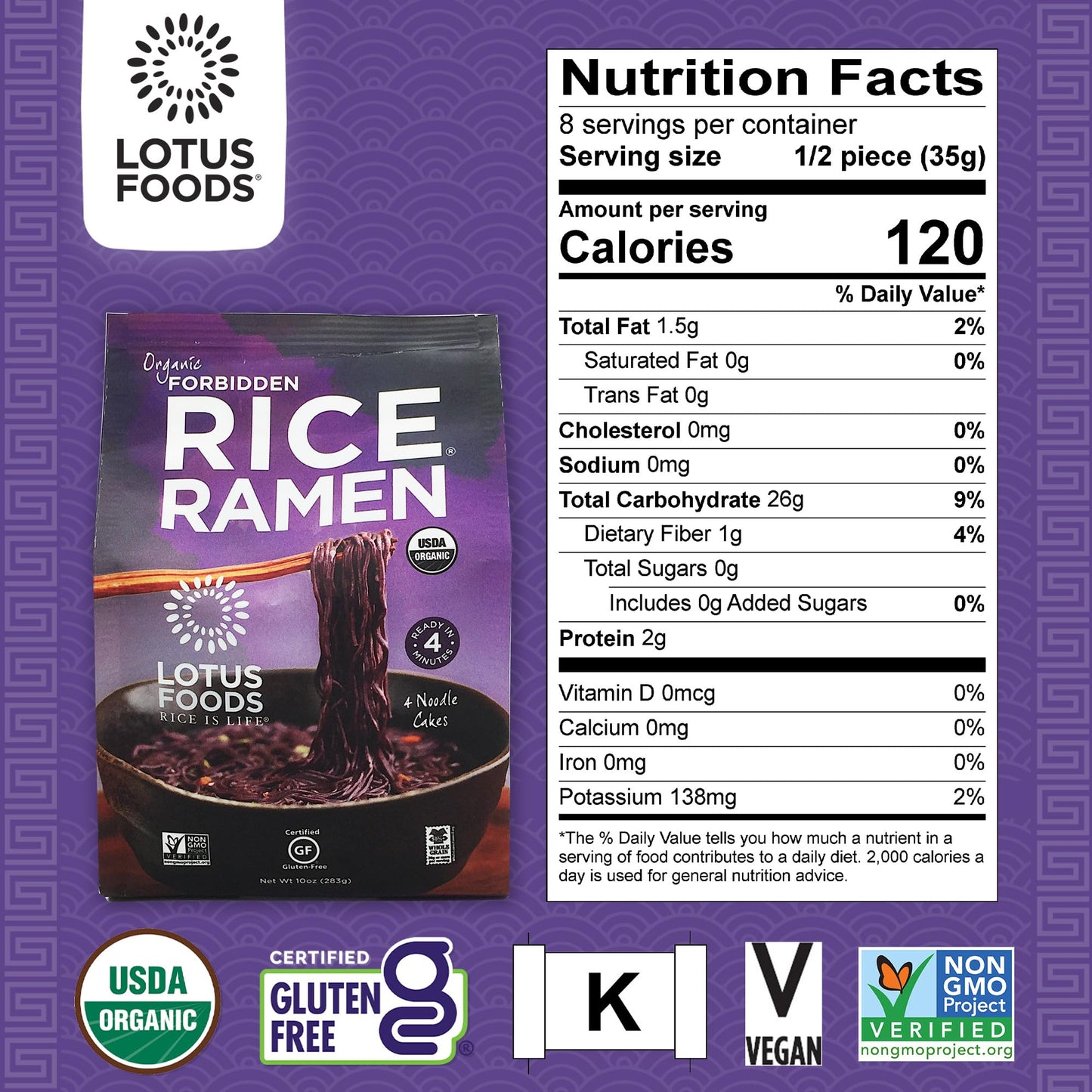 Lotus Foods Organic Forbidden Rice Ramen Noodles - Gluten Free Instant Ramen Noodles, Vegan, Low Sodium, Made With Black Rice Fl