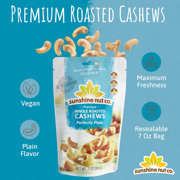 Sunshine Nut Company Whole Roasted Cashews, Perfectly Plain Flavor, No Added Salt, 2 Pack, 7 oz. Each, Gluten Free, Peanut Free