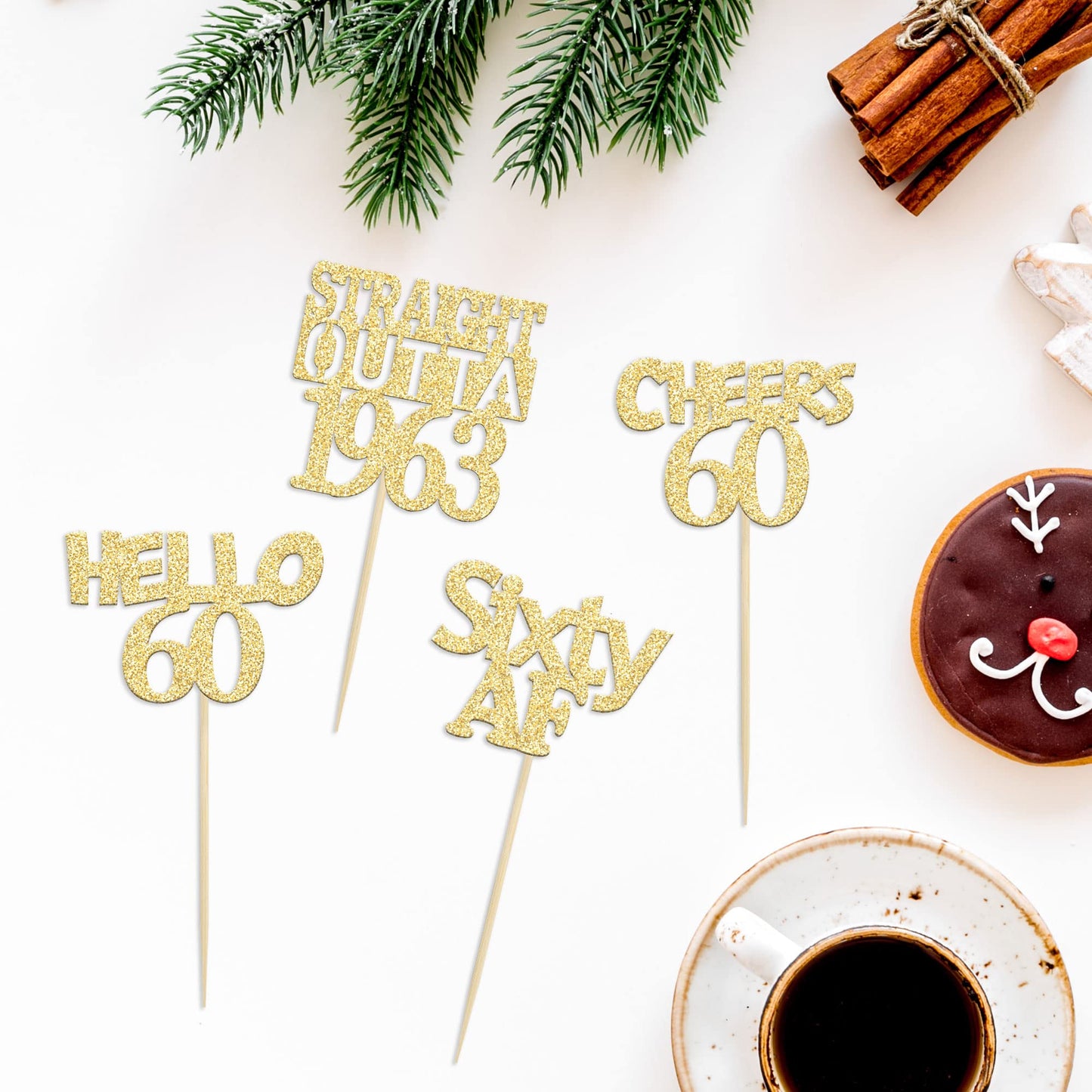 Gyufise 24Pcs Gold Glitter Straight Outta 1963 Cupcake Toppers 60th Birthday Cupcake Toppers Hello 60 Sixty Cake Picks Decoratio