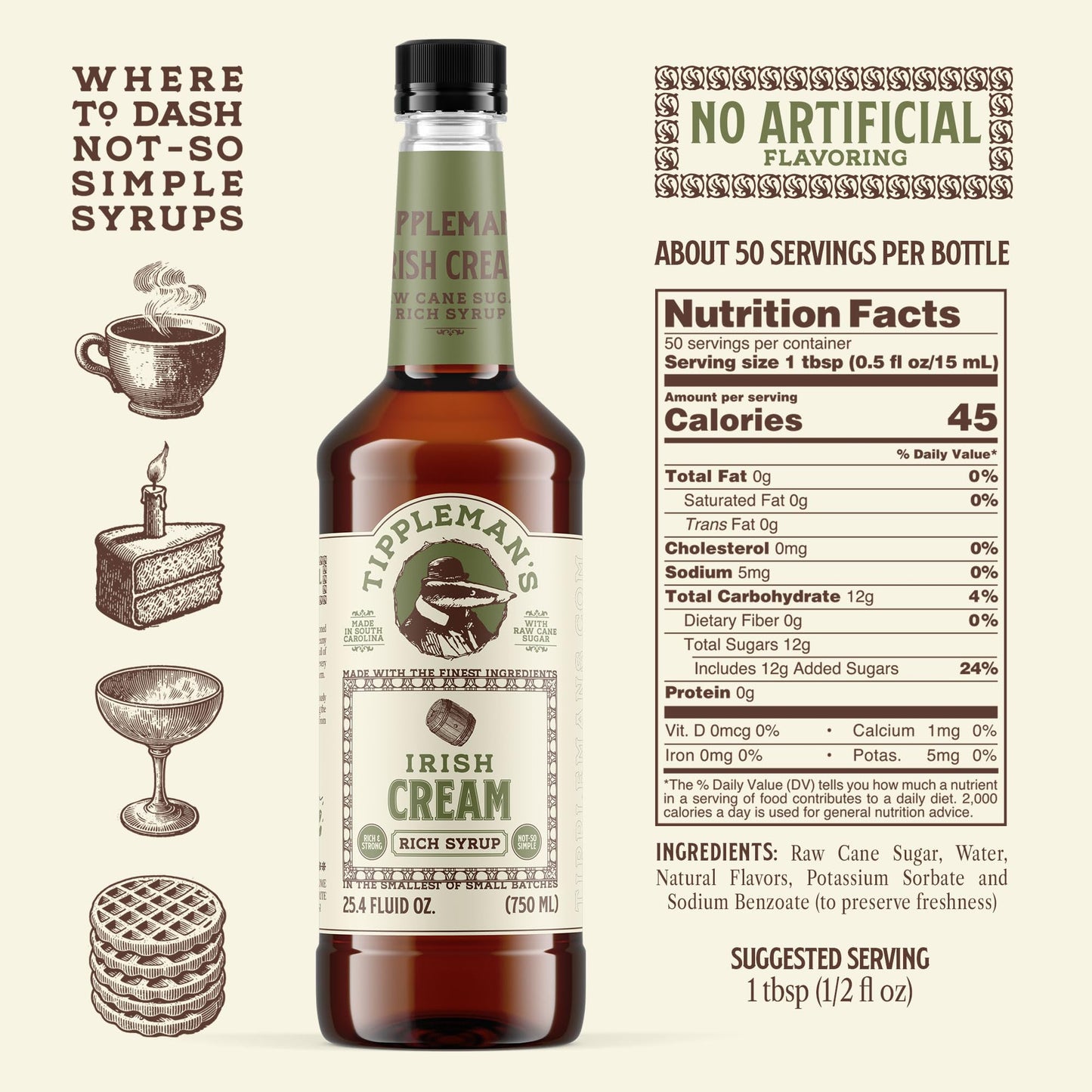 Tipplemans Irish Cream Coffee Syrup - Rich Flavor For Hot Or Iced Drinks, Latte, Tea, Espresso, Cappuccino, Cocktails, & Baking - 25.4 Fl Oz