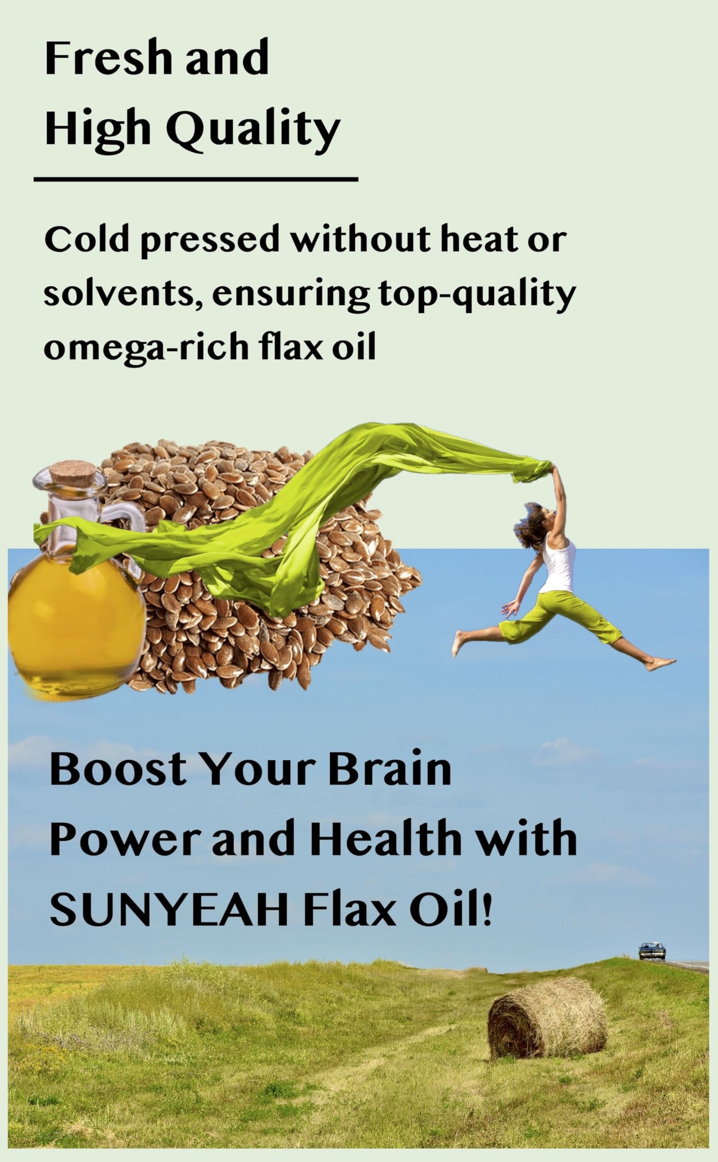 SUNYEAH Flaxseed Oil - 100% Pure, Cold Pressed, Non-GMO - 33.8 Fl Oz