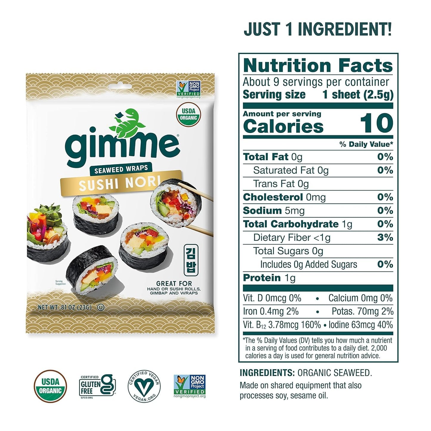 gimMe Sea  Sushi Nori Sheets, Organic, Vegan, Gluten-Free, 9 Sheets, 0.81 Ounce, Black, Model 851093004440