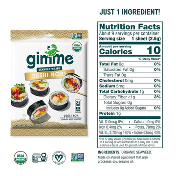 gimMe Sea  Sushi Nori Sheets, Organic, Vegan, Gluten-Free, 9 Sheets, 0.81 Ounce, Black, Model 851093004440