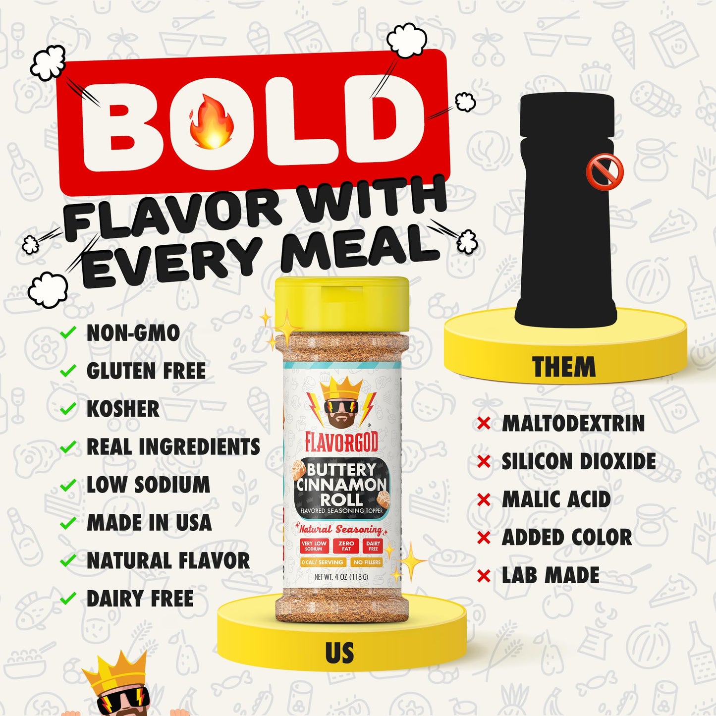 Flavor God 2 Bottles Buttery Cinnamon Roll Seasoning Topper Mix, Natural Healthy Blend, Bread, Pudding, Coffee Sprinkles, Oatmea